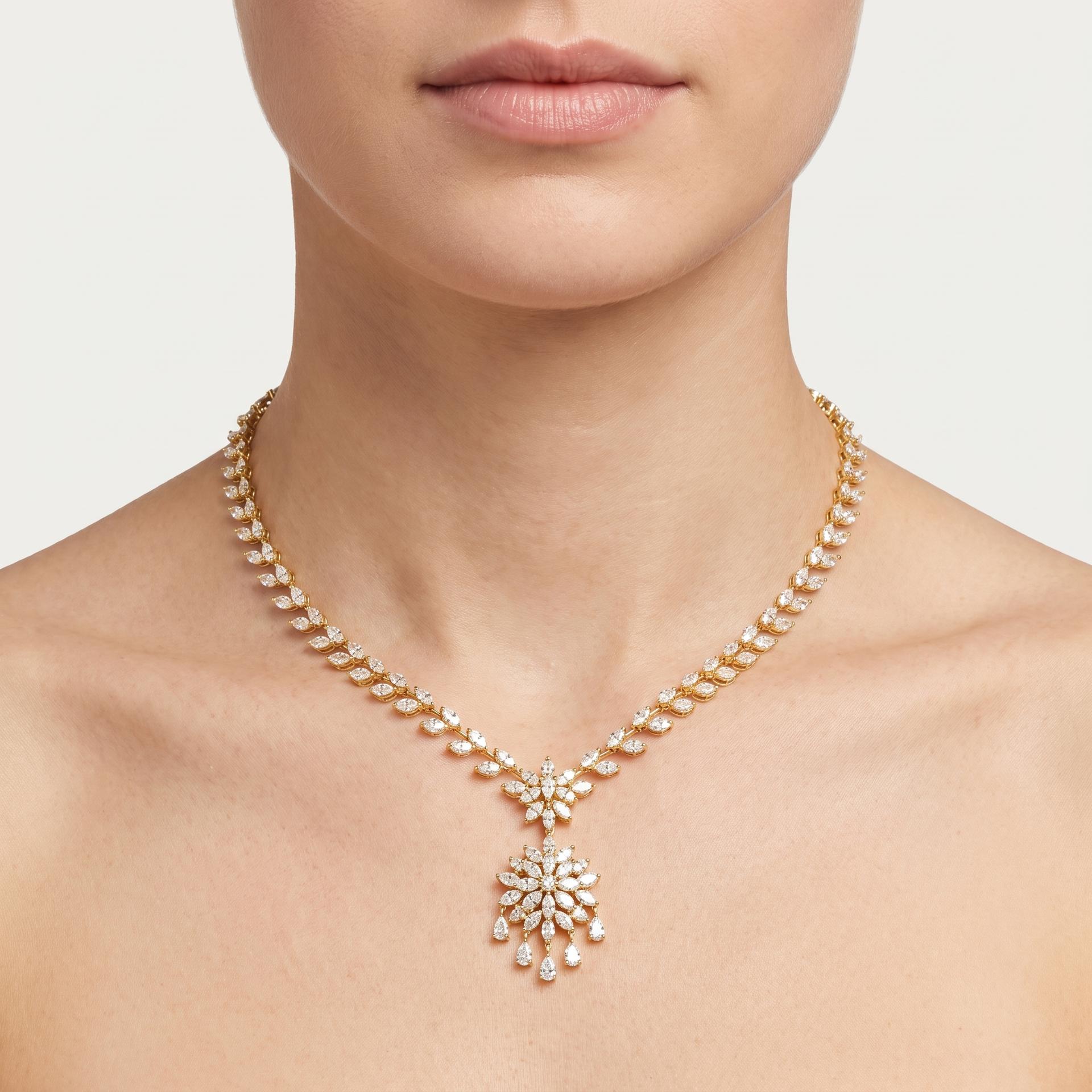 Marquise & Pear Diamond Starburst Drop Necklace on model
