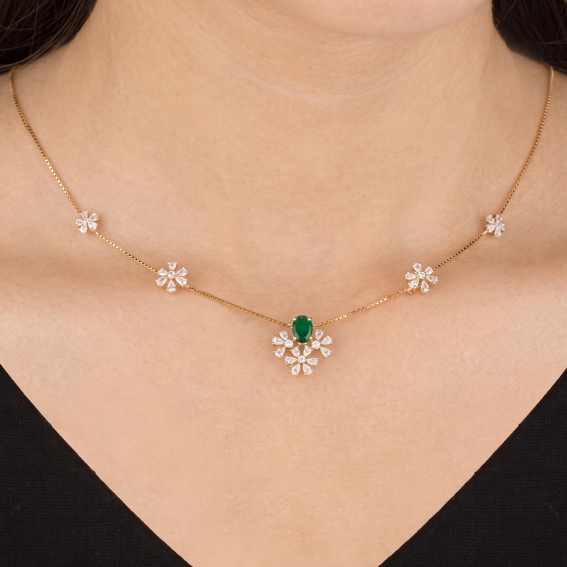 Emerald & Diamond Floral Station Necklace on model