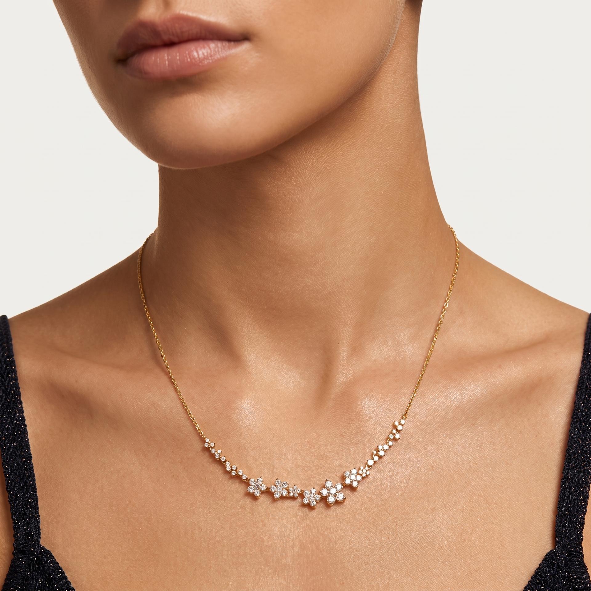 Round Diamond Scattered Floral Cluster Necklace on model