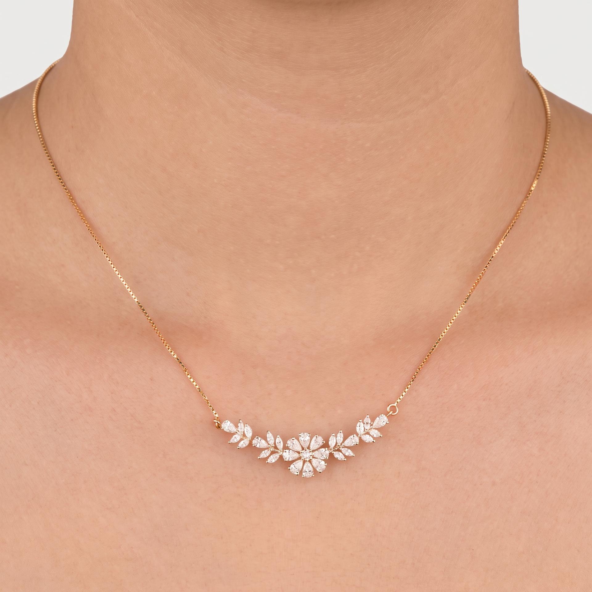 Marquise Diamond Floral Spray Bar Necklace on model