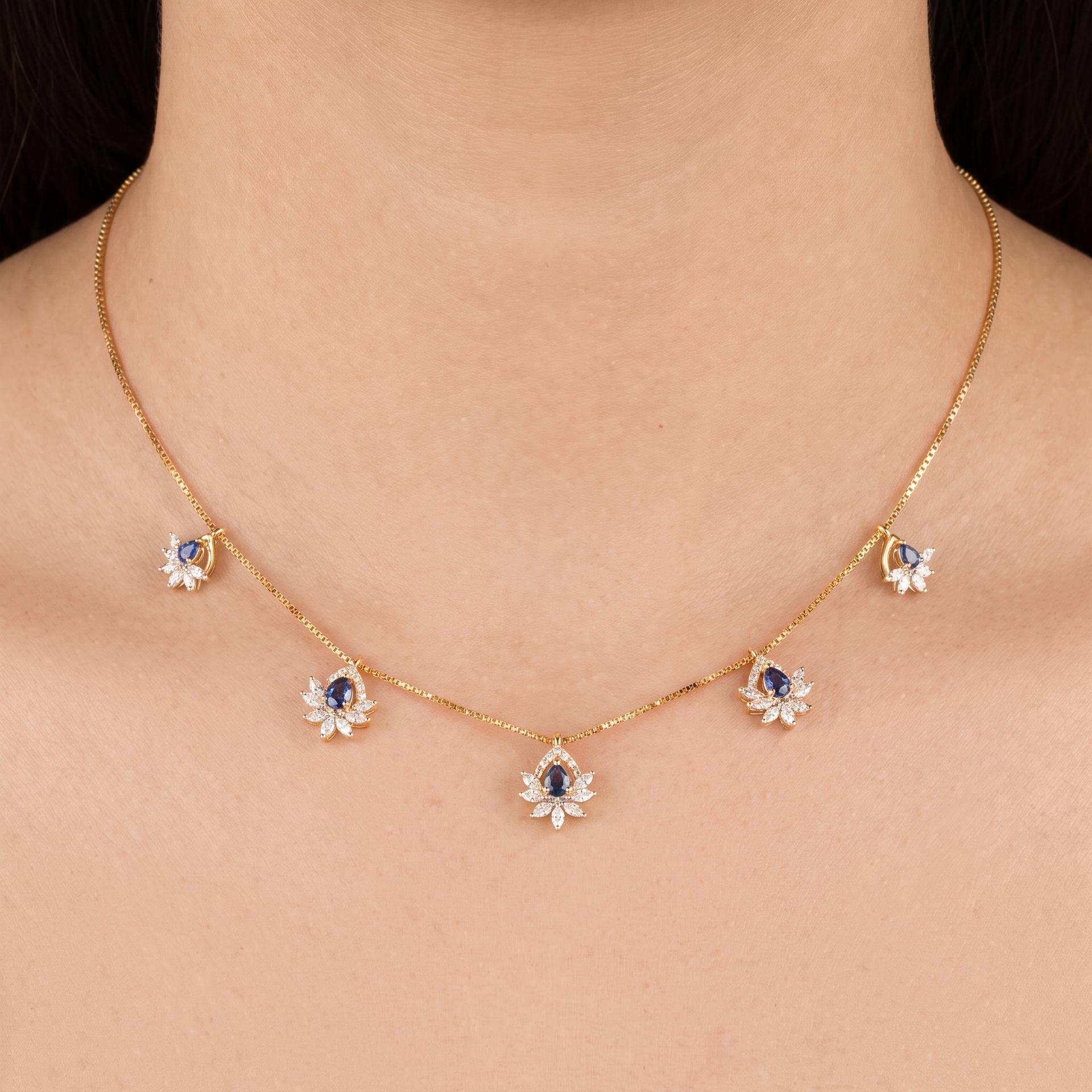 Sapphire & Marquise Diamond Fan Station Necklace on model