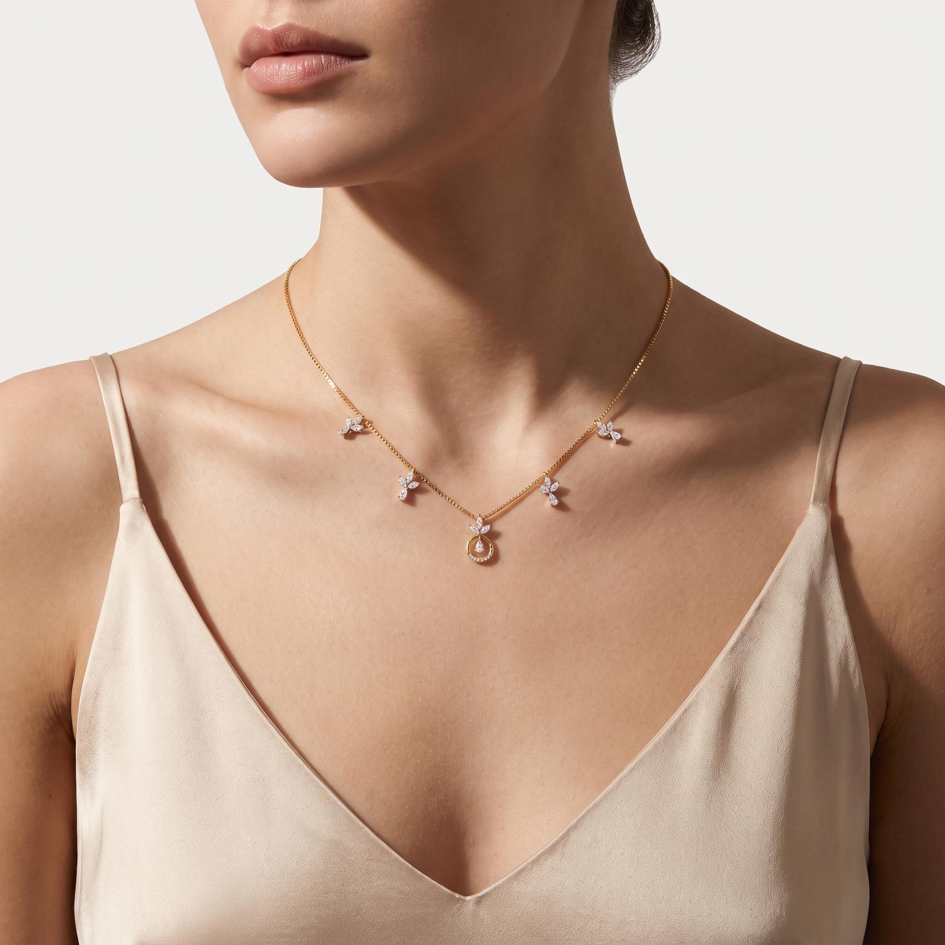 Marquise Diamond Leaf Station with Pear Drop Necklace on model