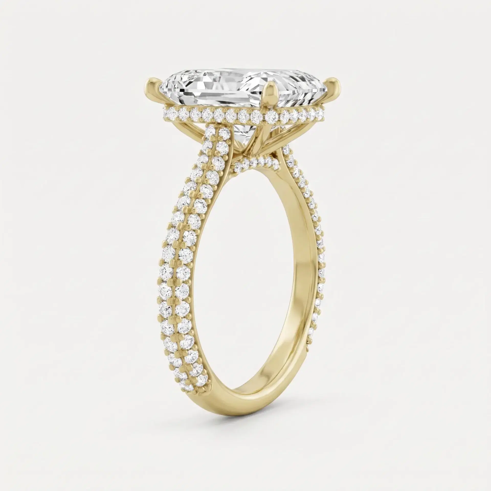 Radiant Cut Diamond Hidden Halo Ring with Double Row Pavé Band on model