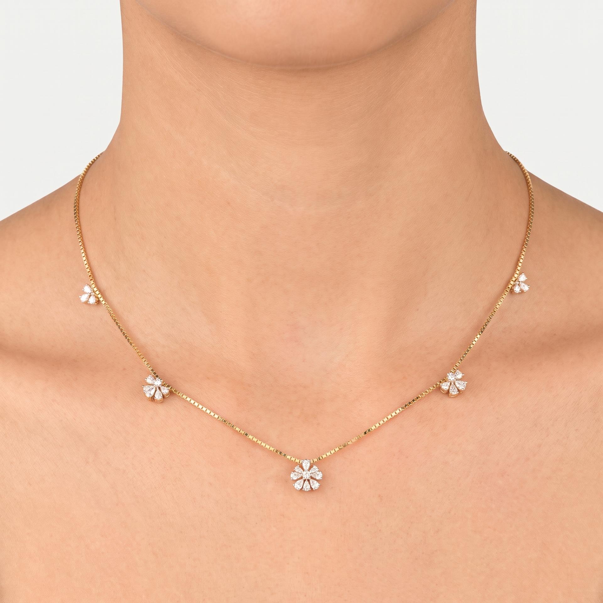 Pear Diamond Graduated Floral Station Necklace on model
