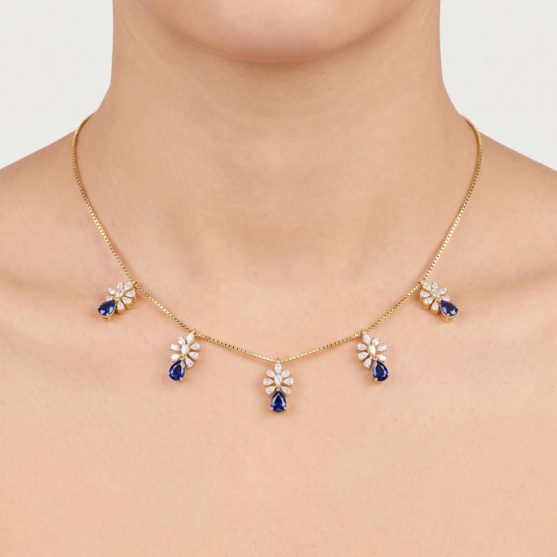 Marquise Diamond Fan & Pear Sapphire Station Necklace on model