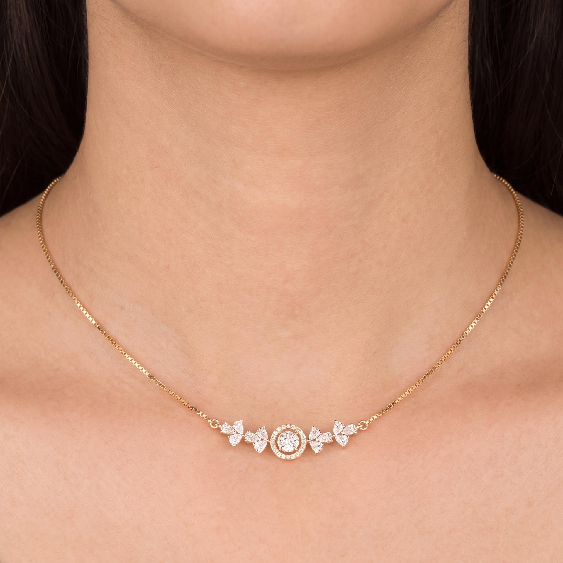 Round Halo & Pear Diamond Trefoil Bar Necklace on model