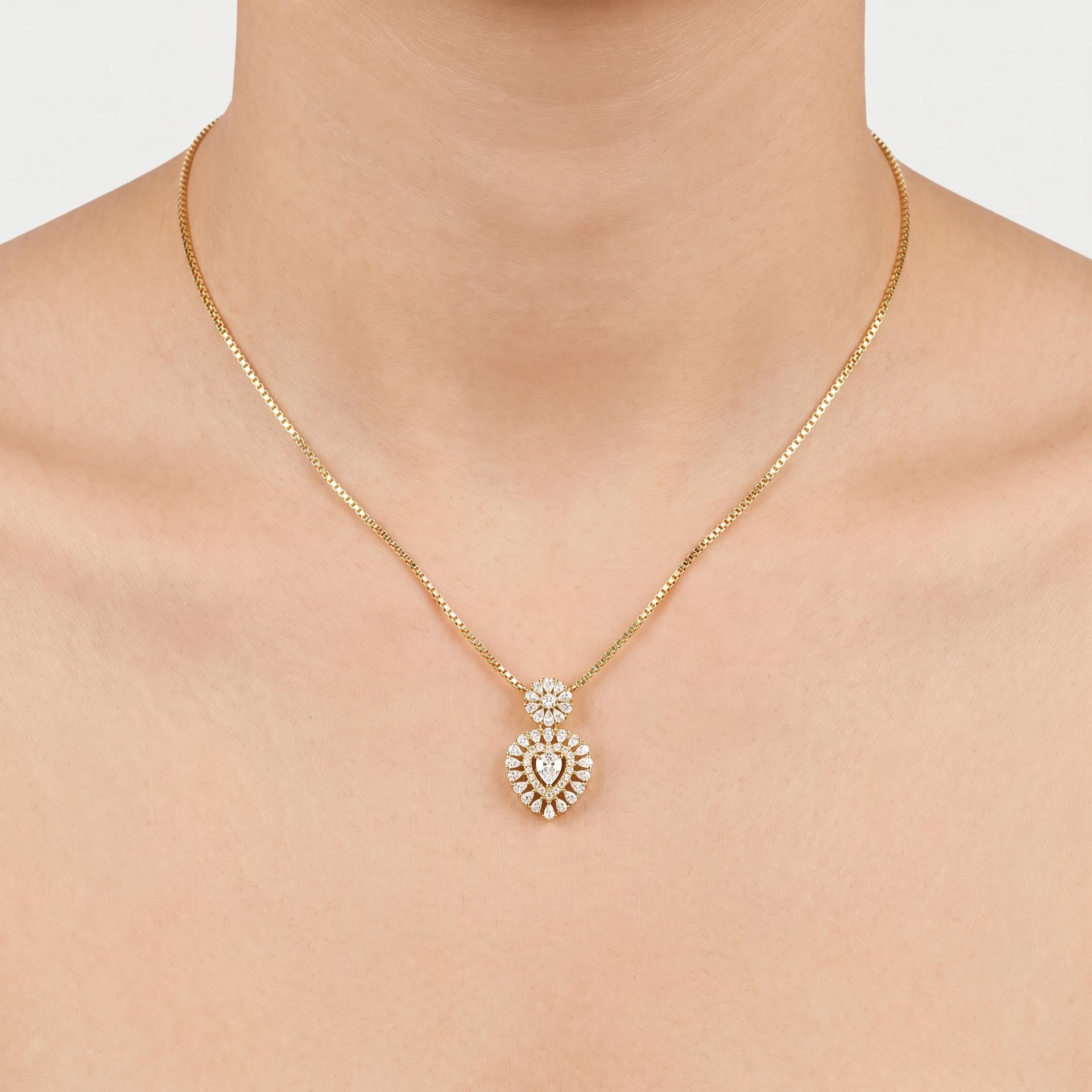 Pear Diamond Heart Halo & Floral Station Necklace on model