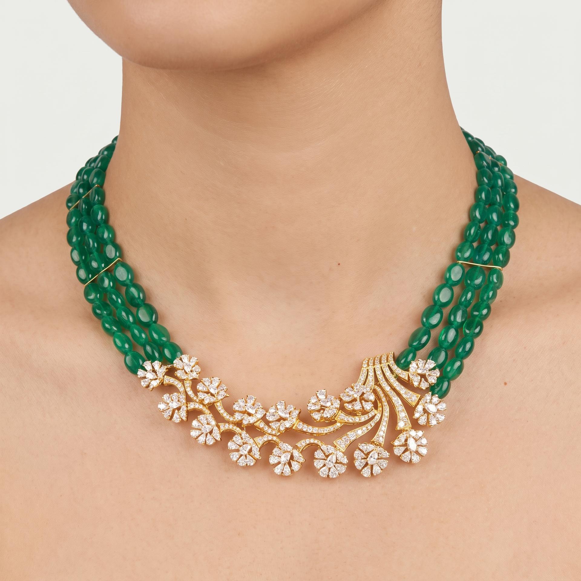 Emerald Bead & Diamond Floral Spray Necklace on model