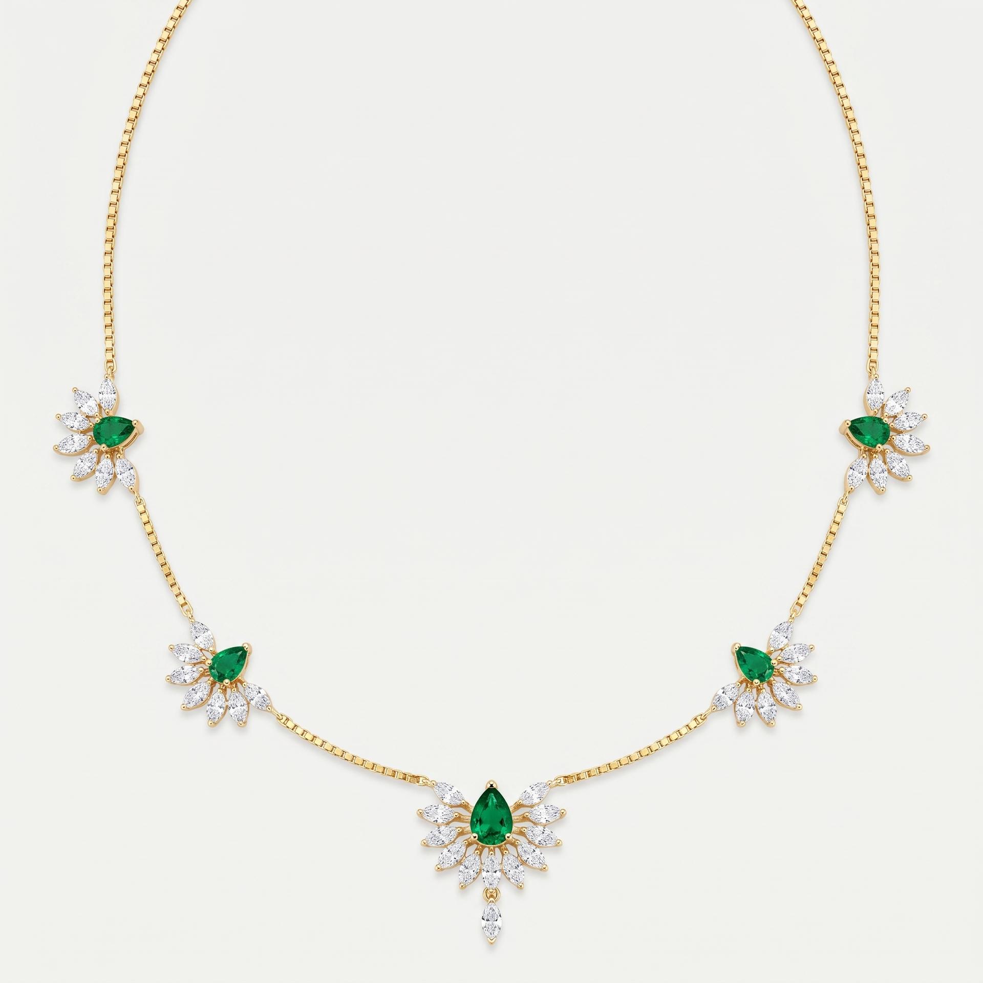 Emerald & Marquise Diamond Fan Station Necklace