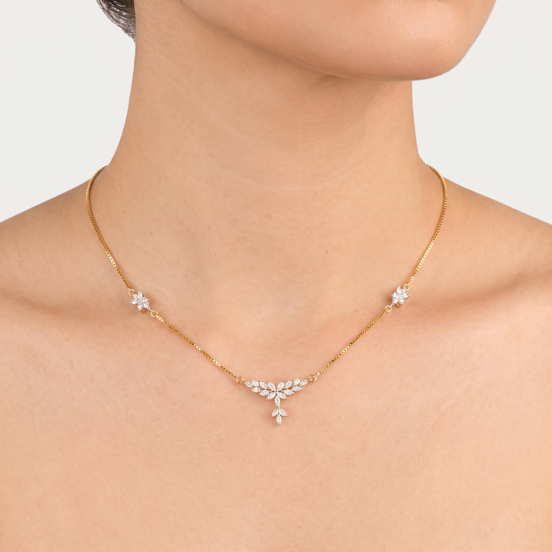 Marquise & Round Diamond Floral Station Necklace on model