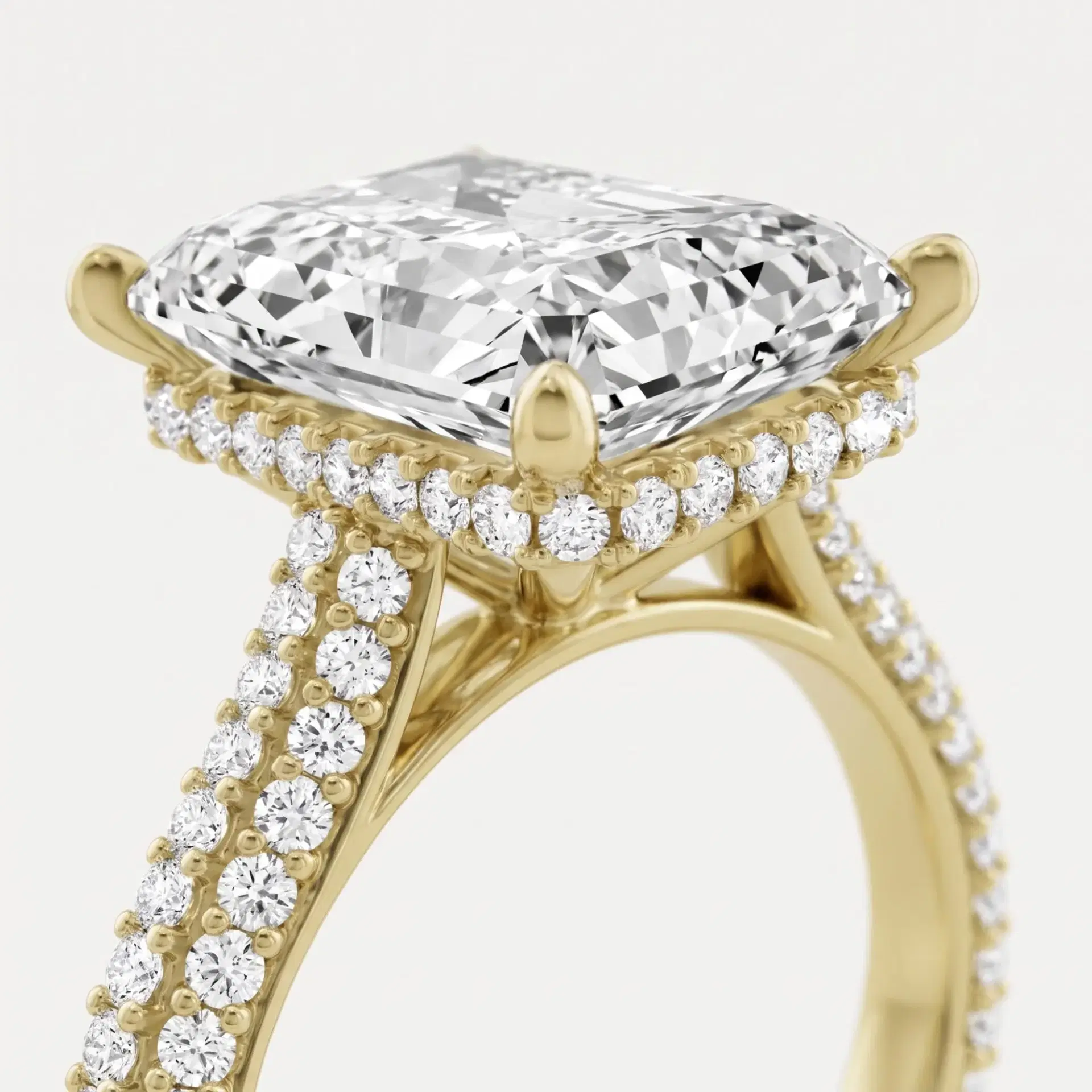 Radiant Cut Diamond Hidden Halo Ring with Double Row Pavé Band on model