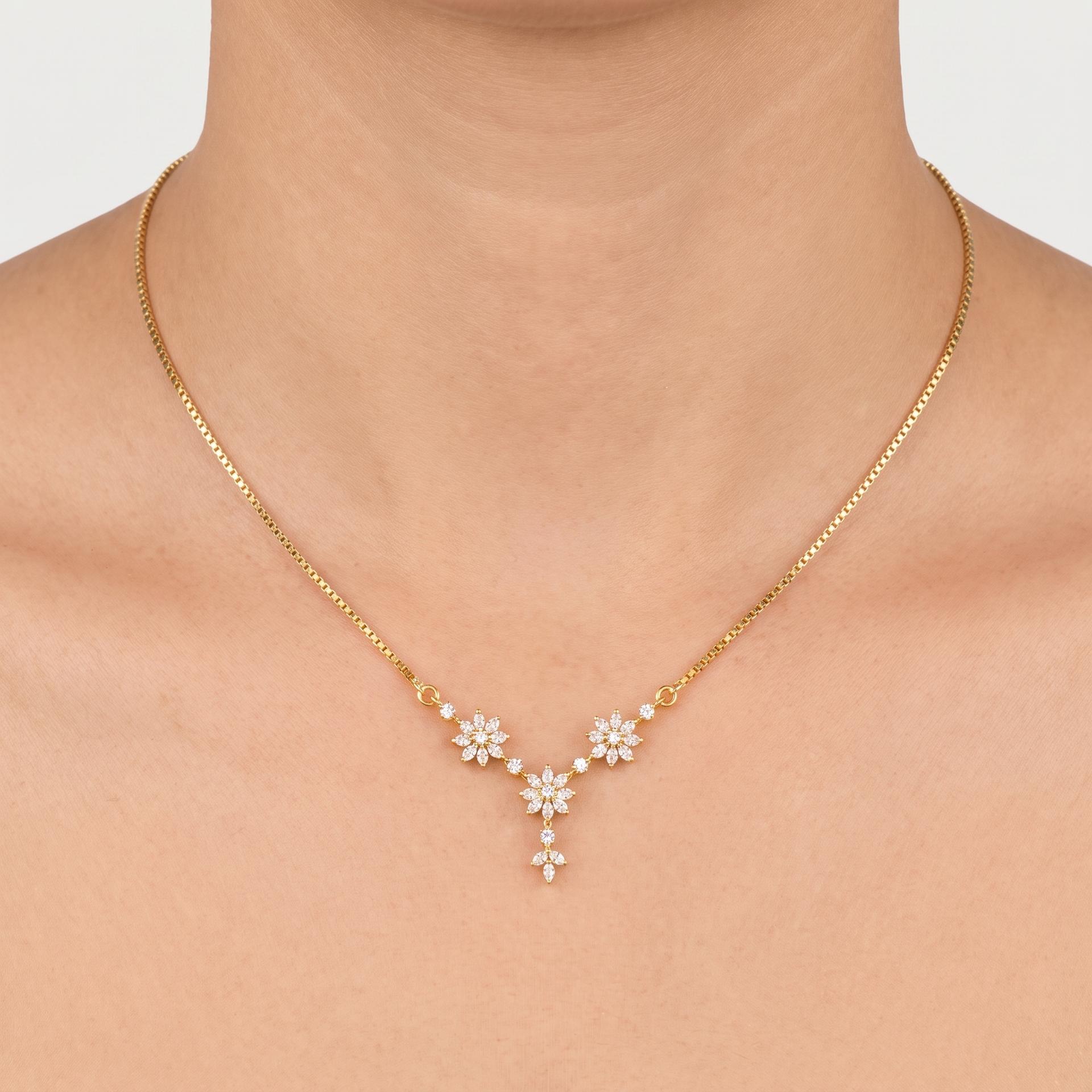Marquise Diamond Triple Floral Station Necklace on model