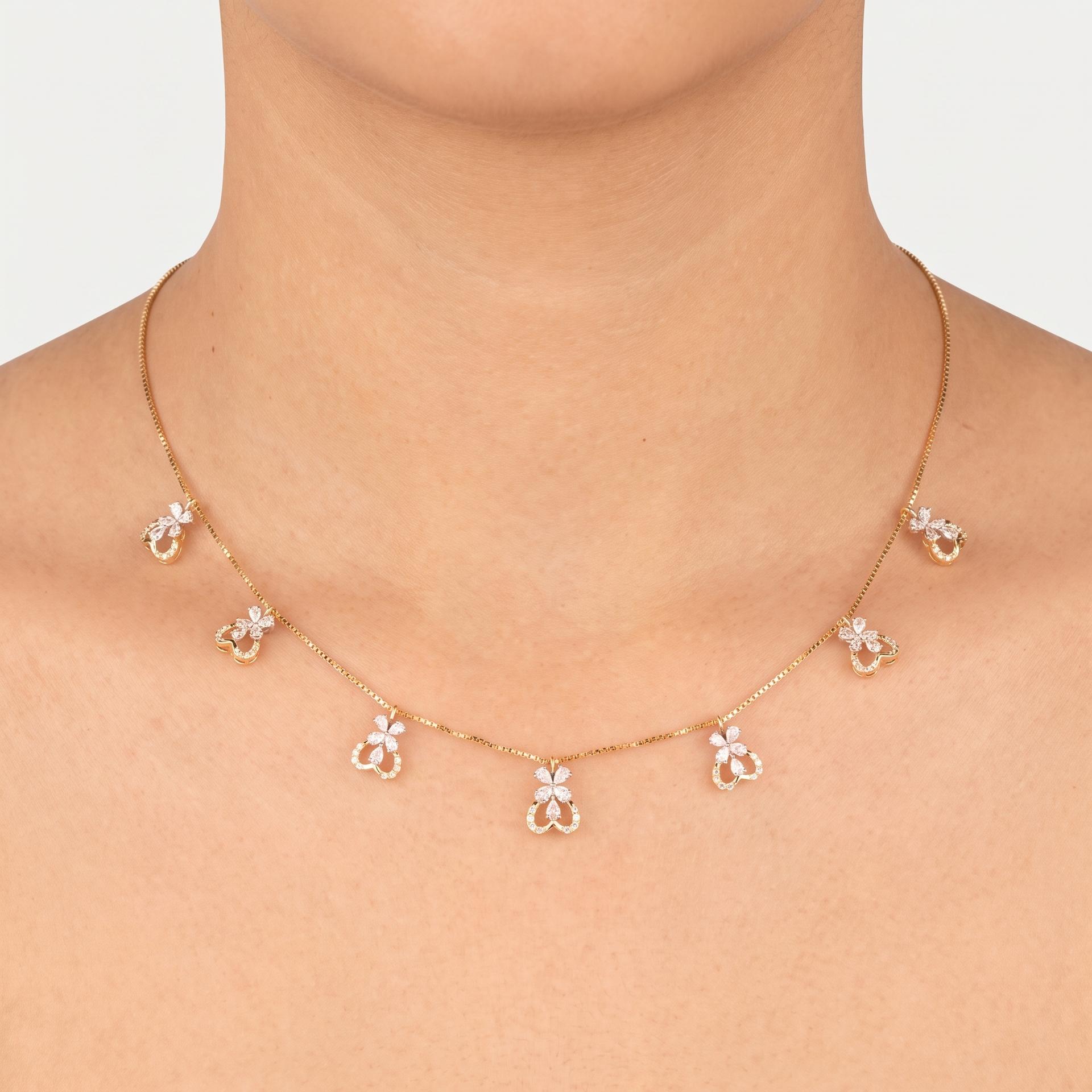 Pavé Diamond Clover Charm Station Necklace on model