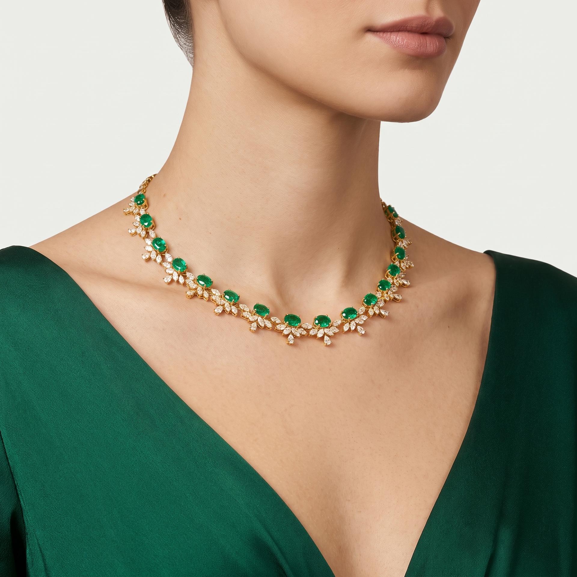 Emerald & Marquise Diamond Floral Vine Necklace on model