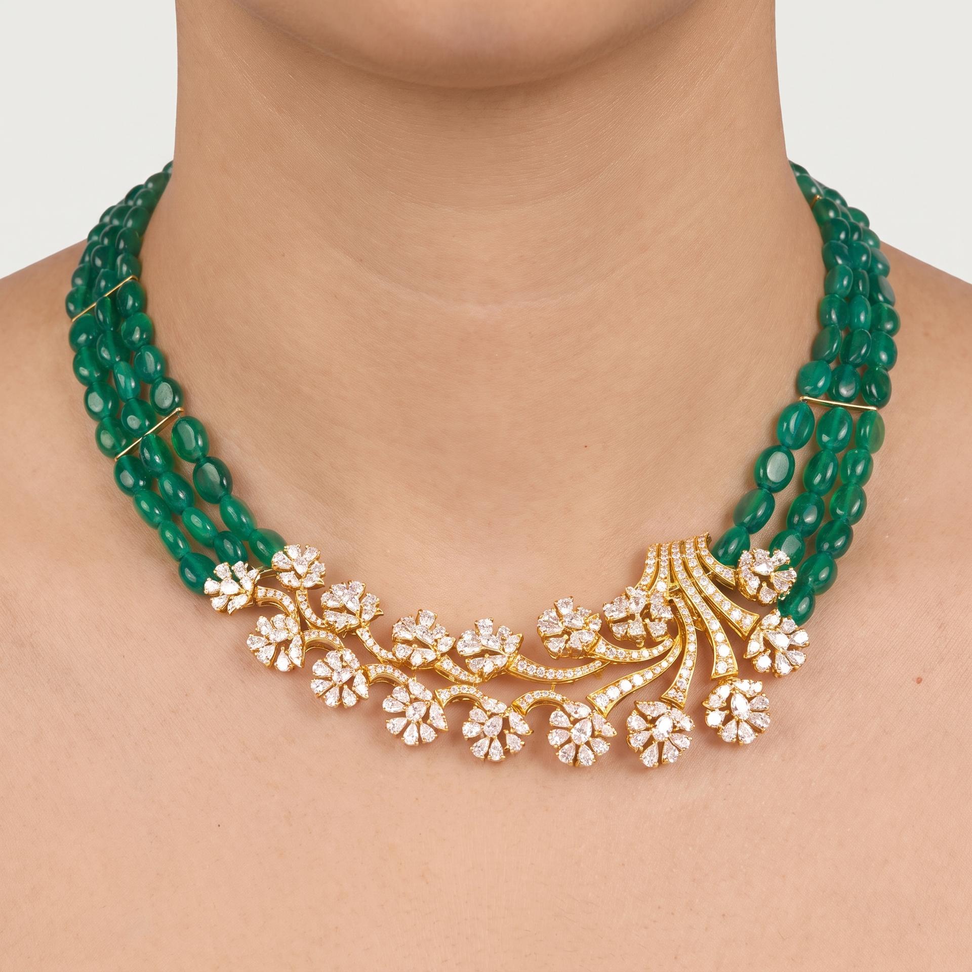 Emerald Bead & Diamond Floral Spray Necklace on model