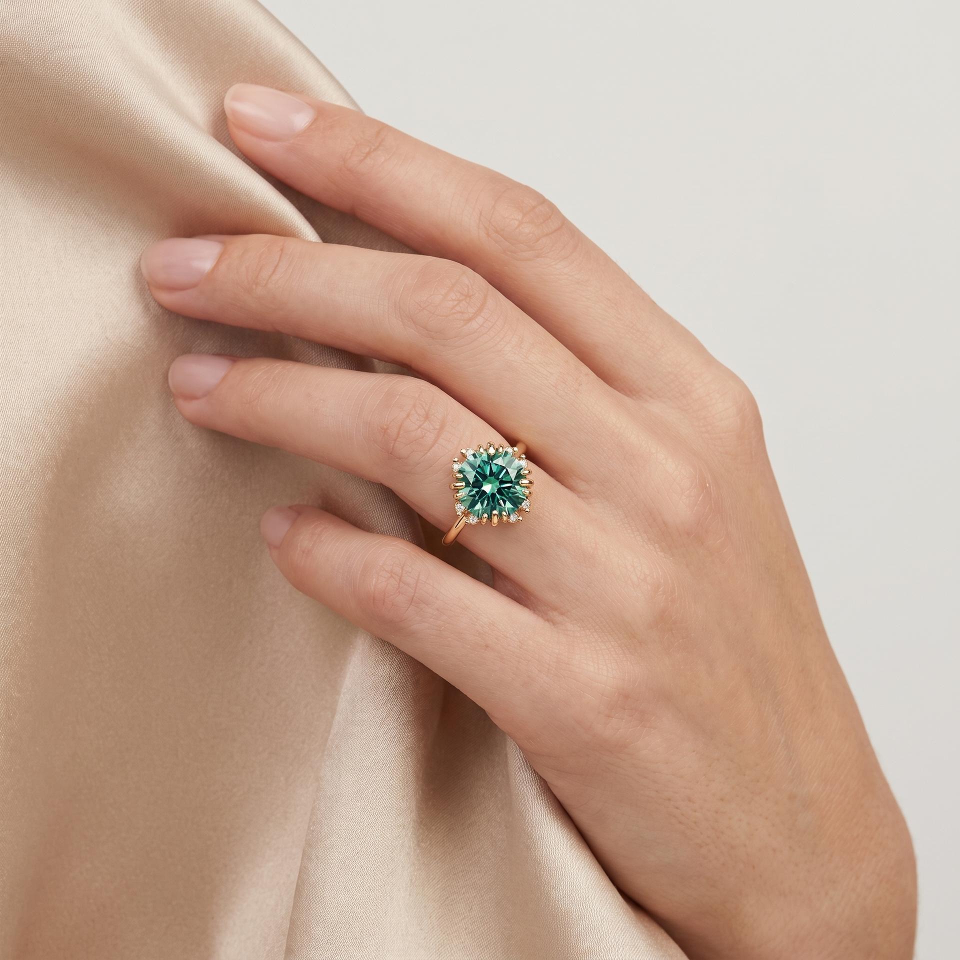 Round Sapphire Diamond Halo Ring on model