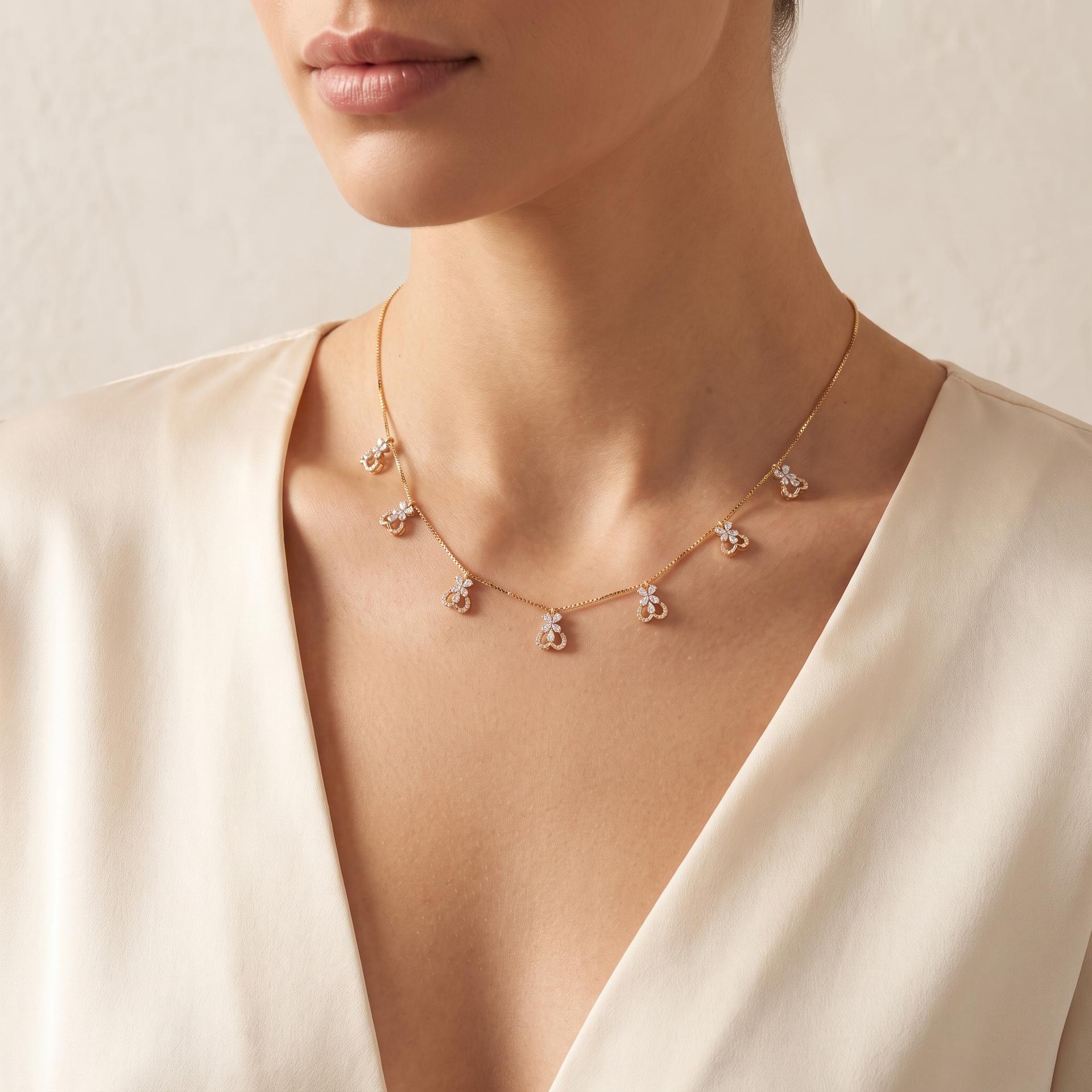 Pavé Diamond Clover Charm Station Necklace on model