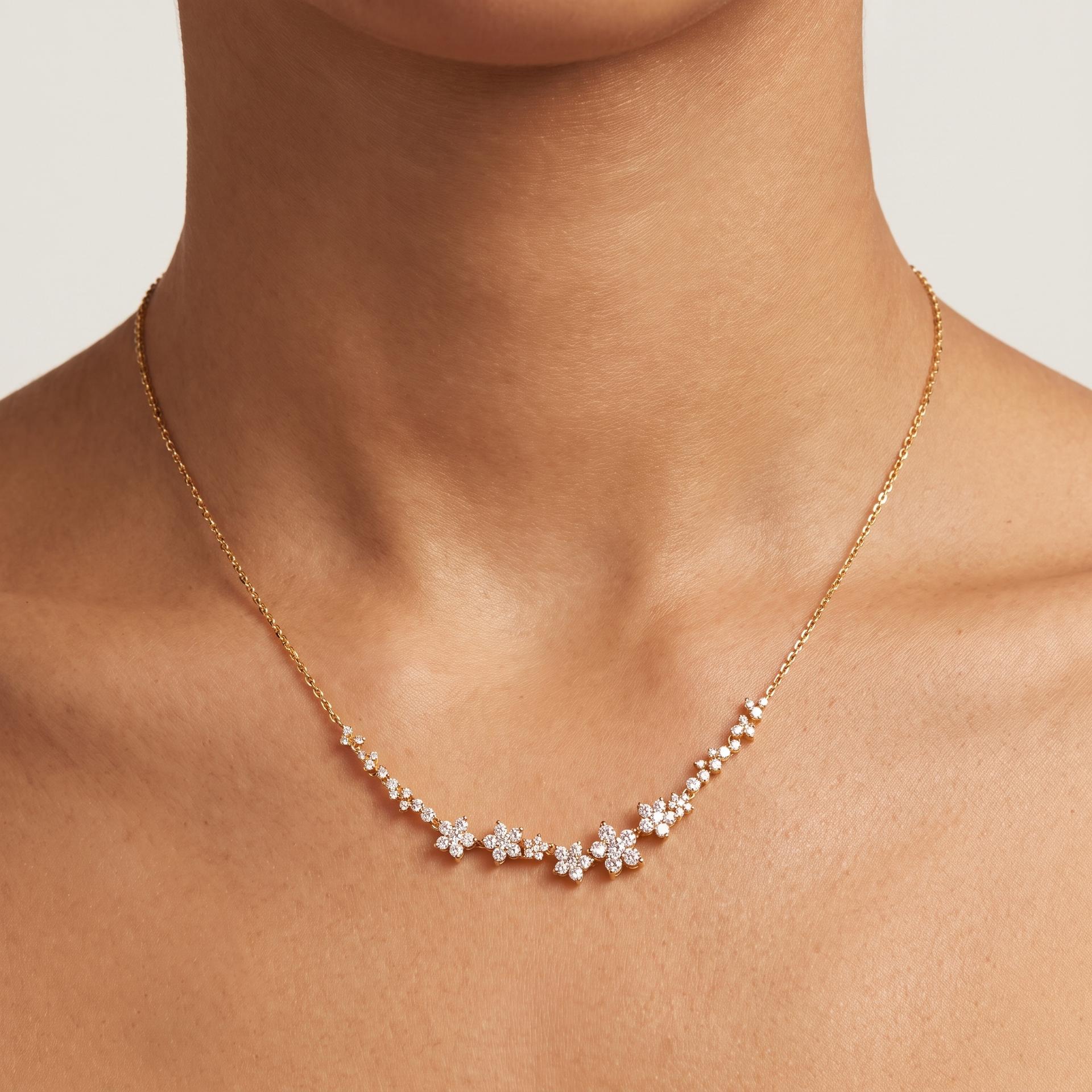 Round Diamond Scattered Floral Cluster Necklace on model