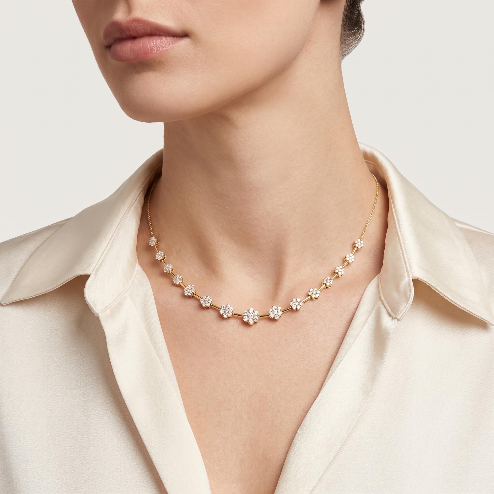 Round Diamond Daisy Bar Link Necklace on model