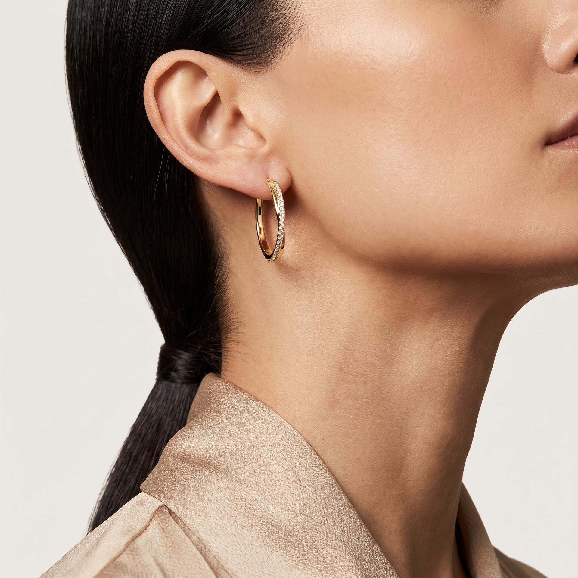 Round Diamond Pavé French Wire Hoop Earrings on model