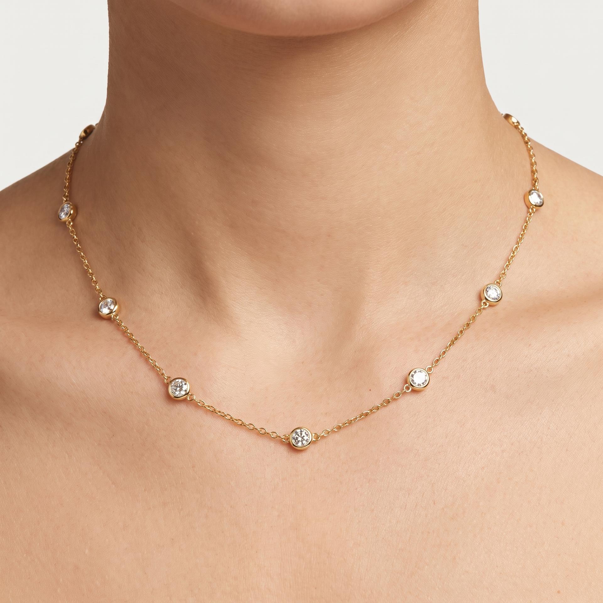Round Diamond Bezel Station Necklace on model
