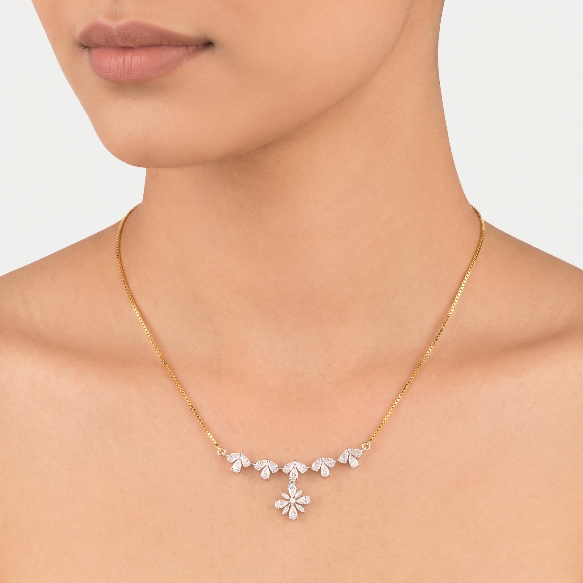 Pear Diamond Arc & Floral Drop Necklace on model