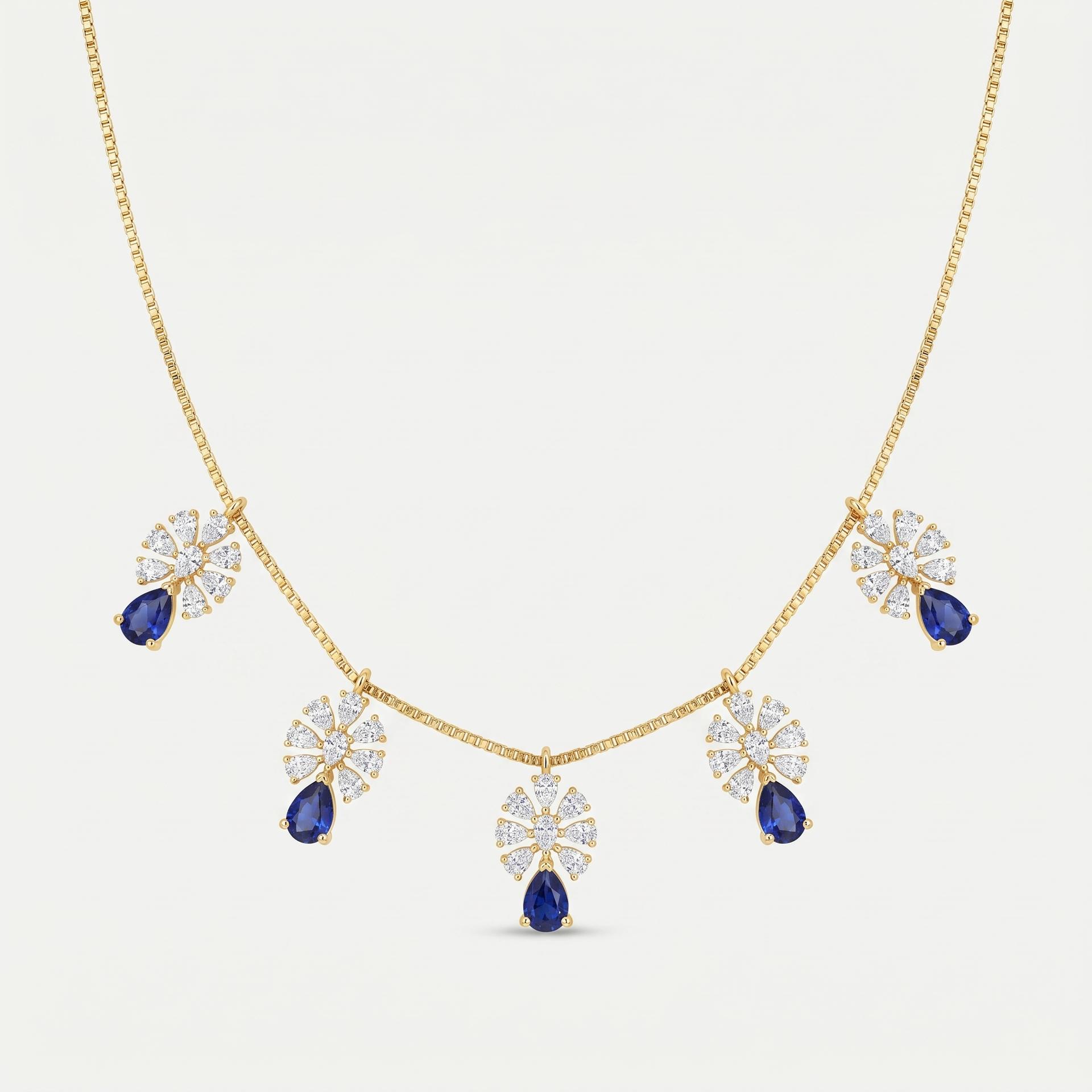 Marquise Diamond Fan & Pear Sapphire Station Necklace