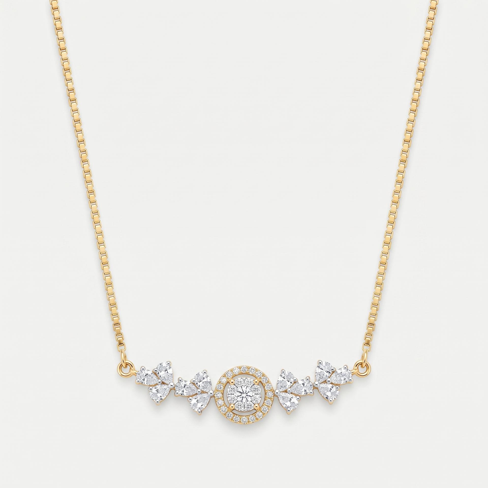 Round Halo & Pear Diamond Trefoil Bar Necklace