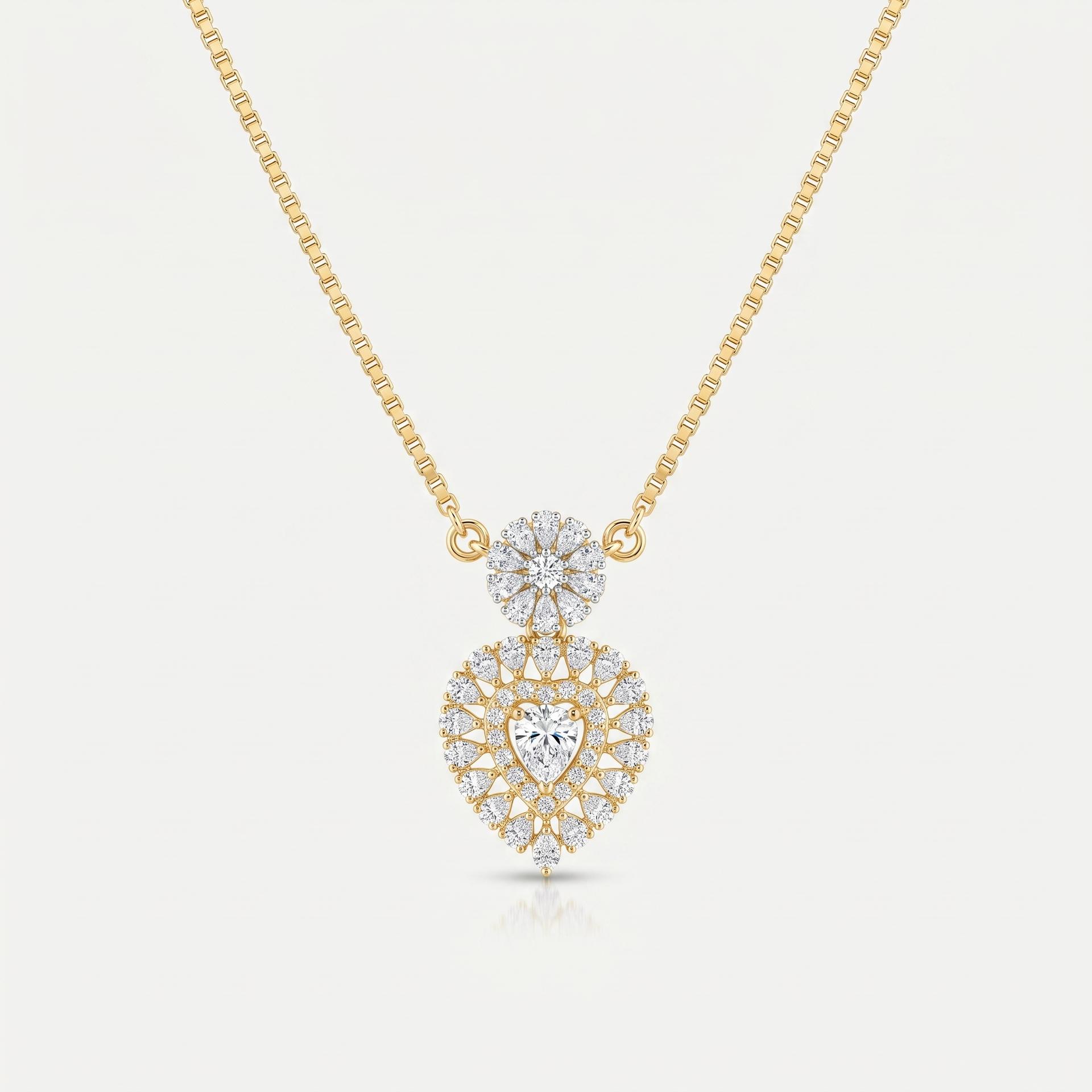Pear Diamond Heart Halo & Floral Station Necklace