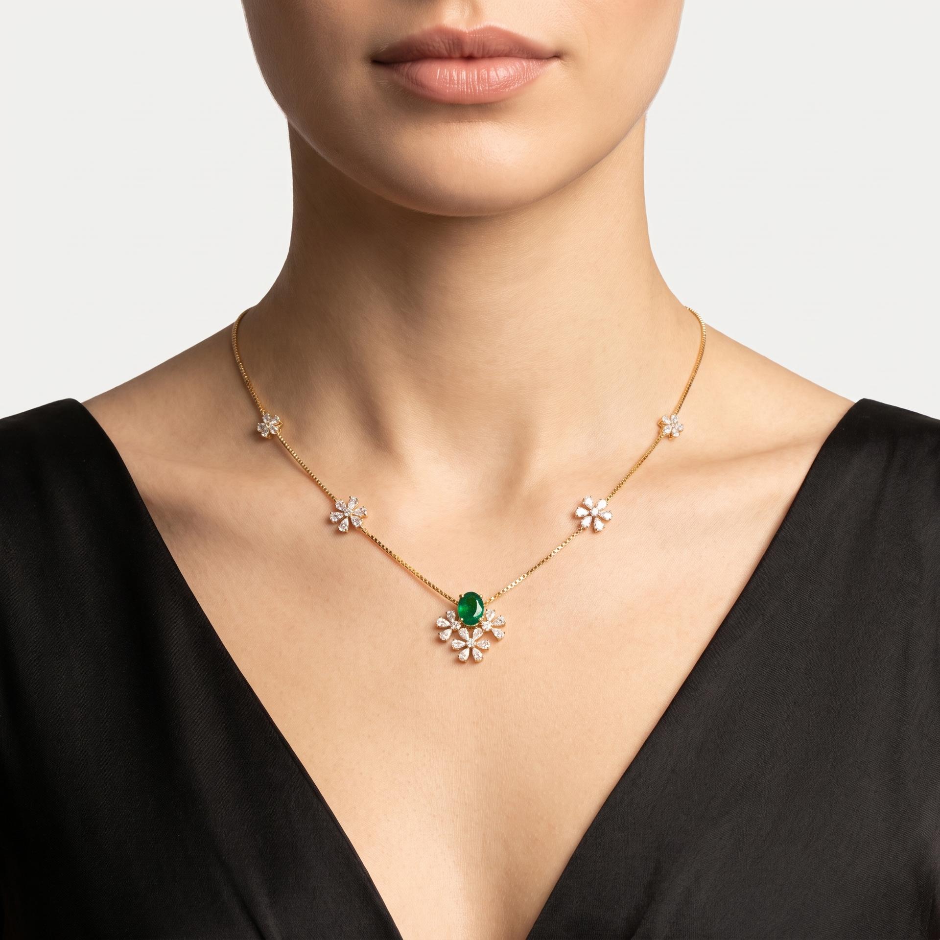 Emerald & Diamond Floral Station Necklace on model