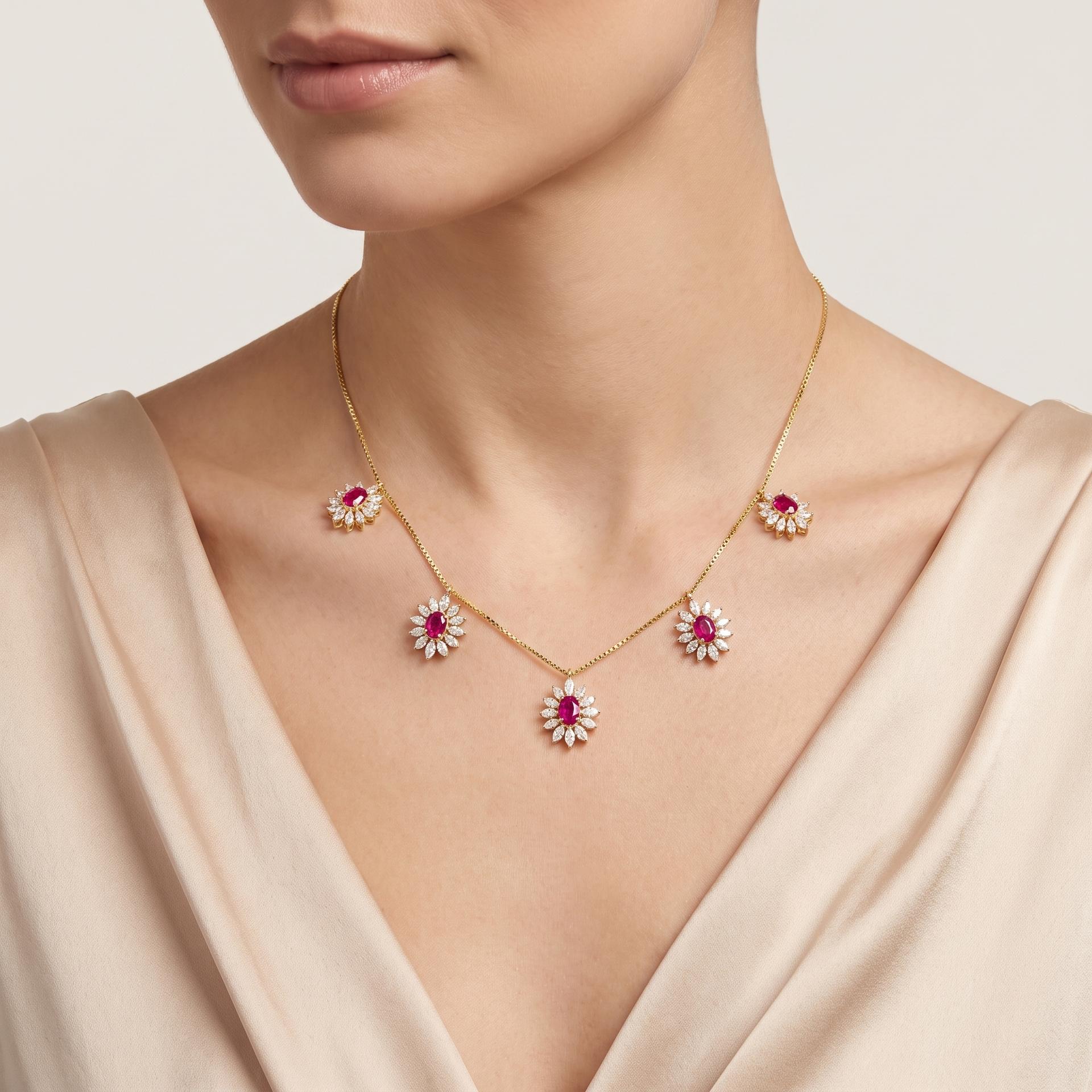 Ruby & Marquise Diamond Daisy Station Necklace on model