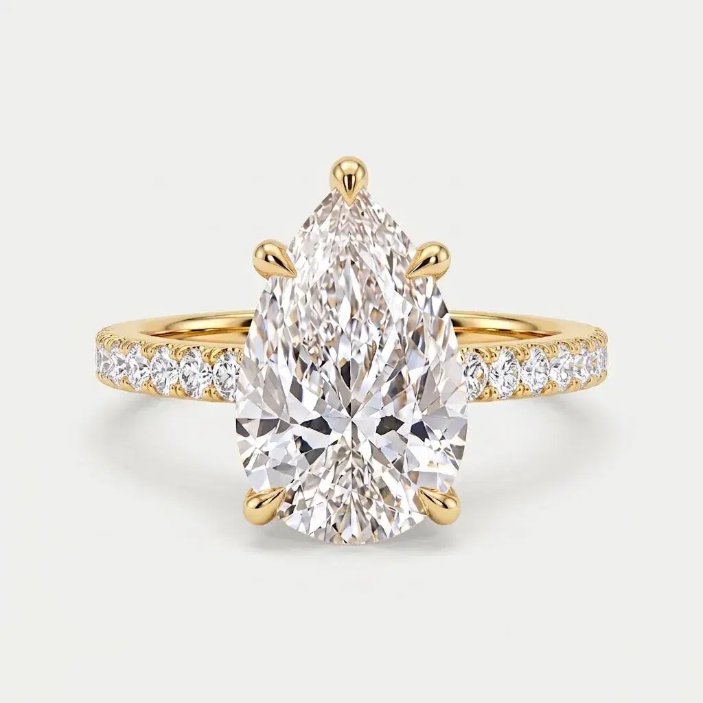 Pear Diamond Five Prong Ring with Pavé Band