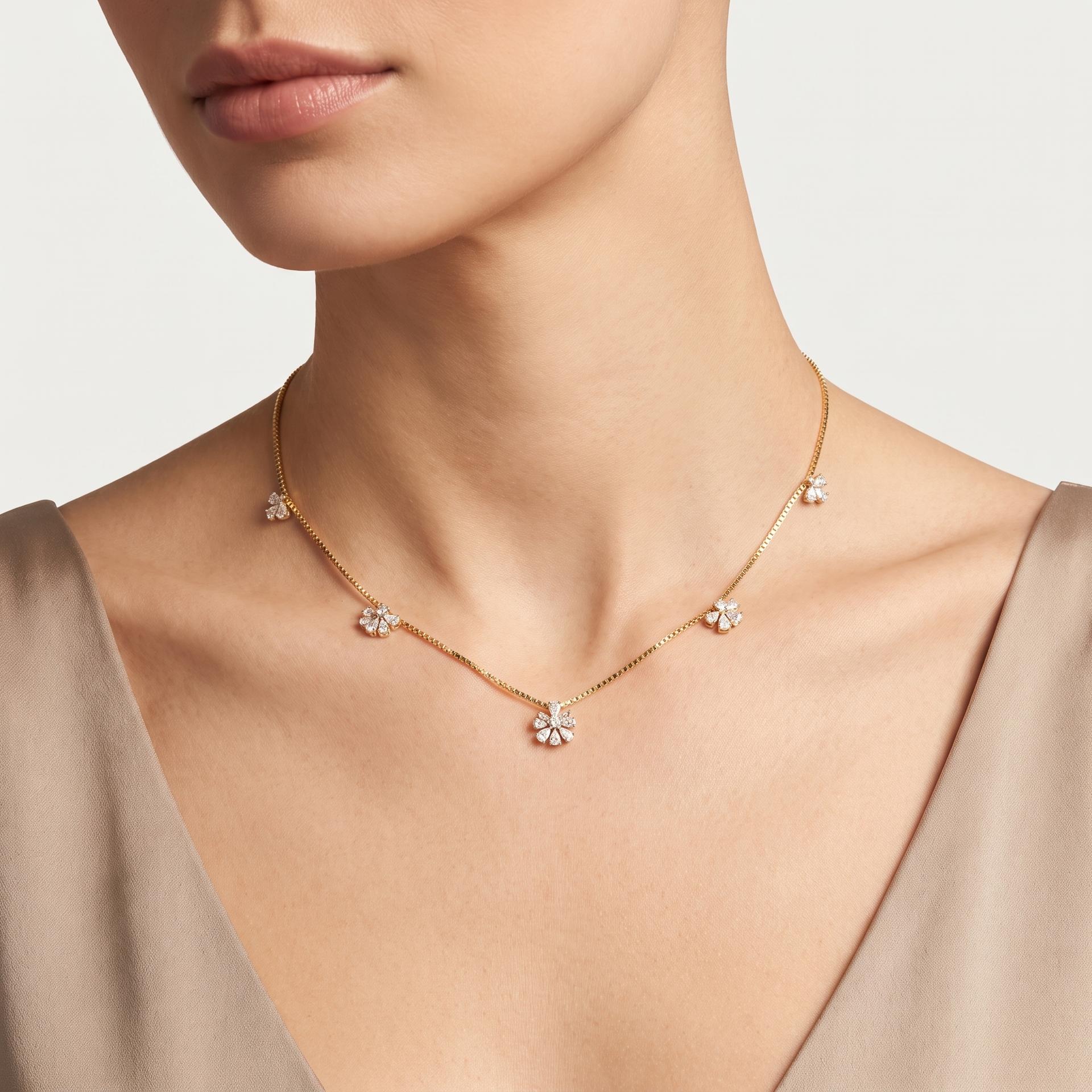 Pear Diamond Graduated Floral Station Necklace on model