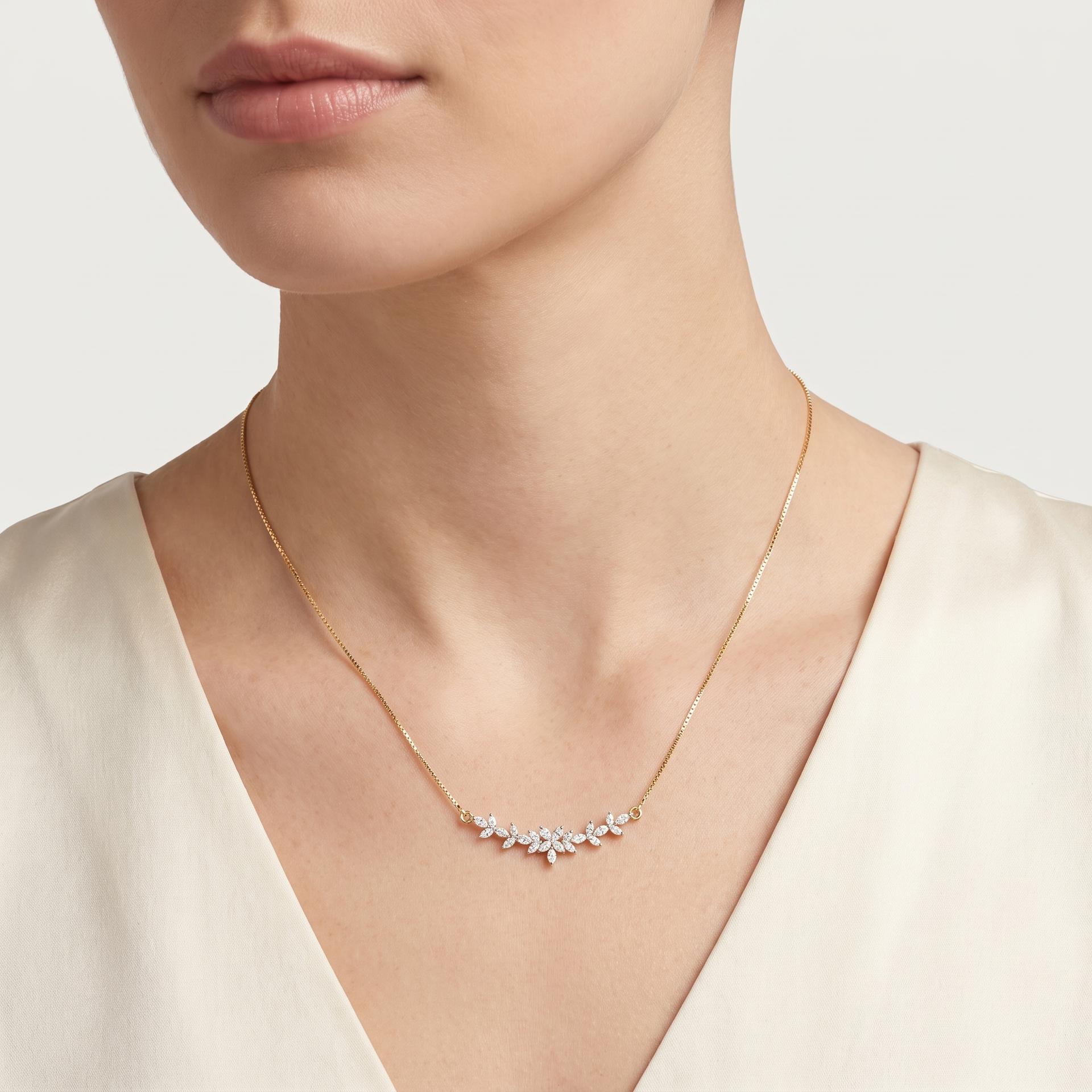 Marquise Diamond Petite Floral Bar Necklace on model