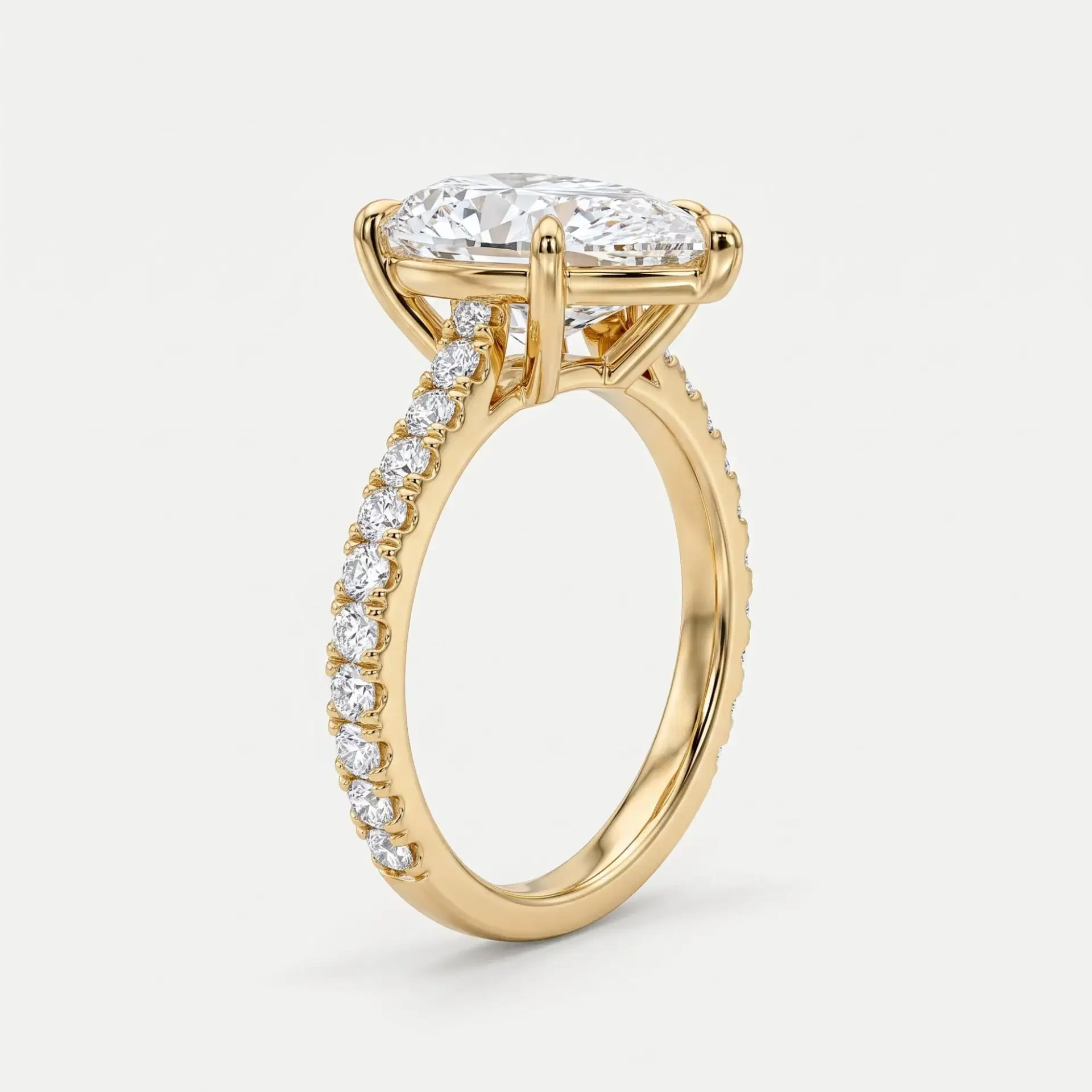 Pear Diamond Five Prong Ring with Pavé Band on model
