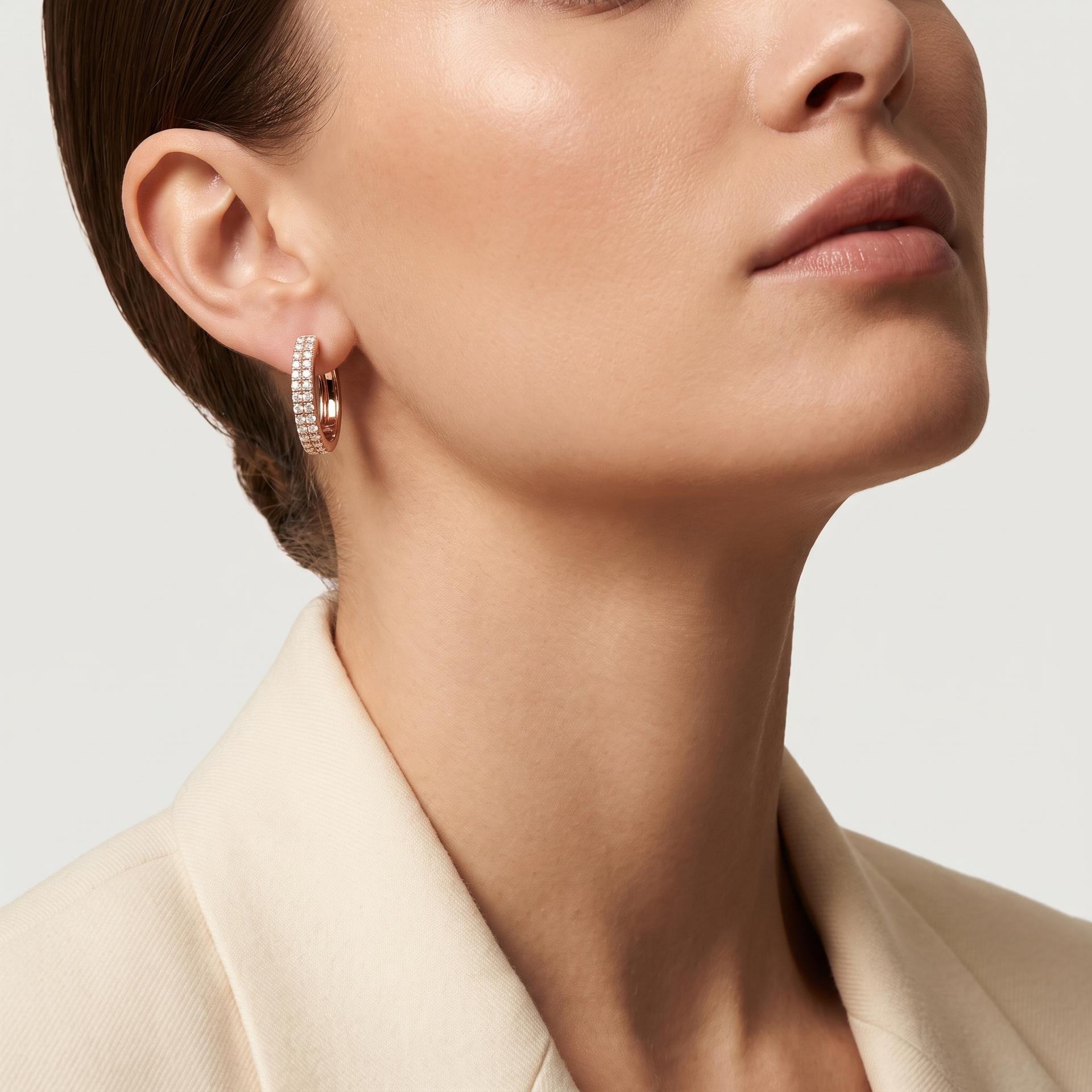Round Diamond Two-Row Pavé Hoop Earrings on model