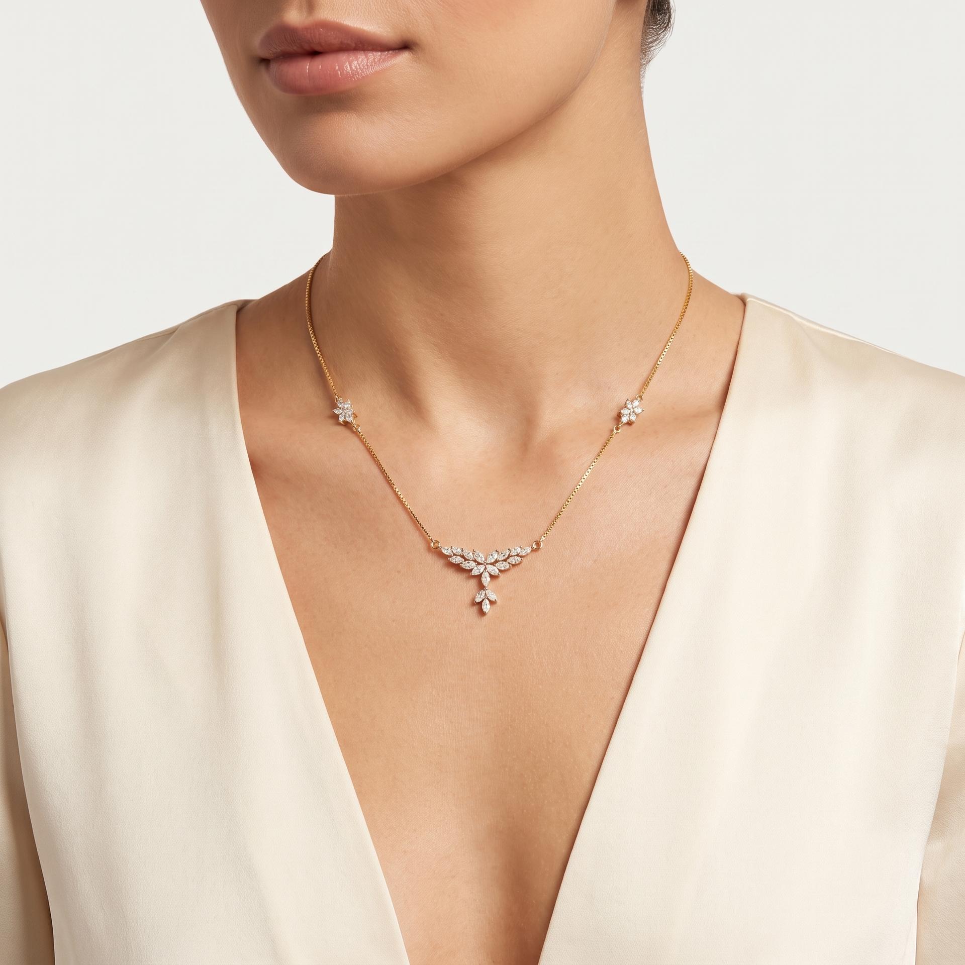 Marquise & Round Diamond Floral Station Necklace on model