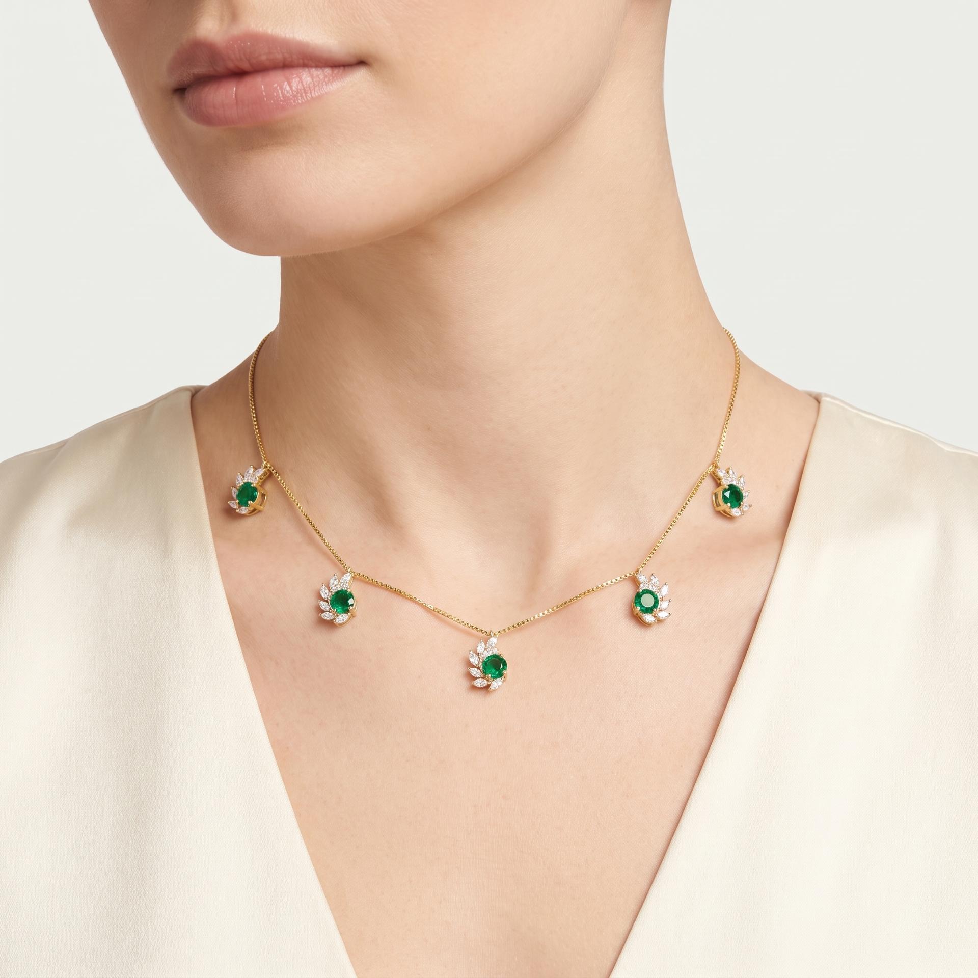 Emerald & Marquise Diamond Whirl Station Necklace on model