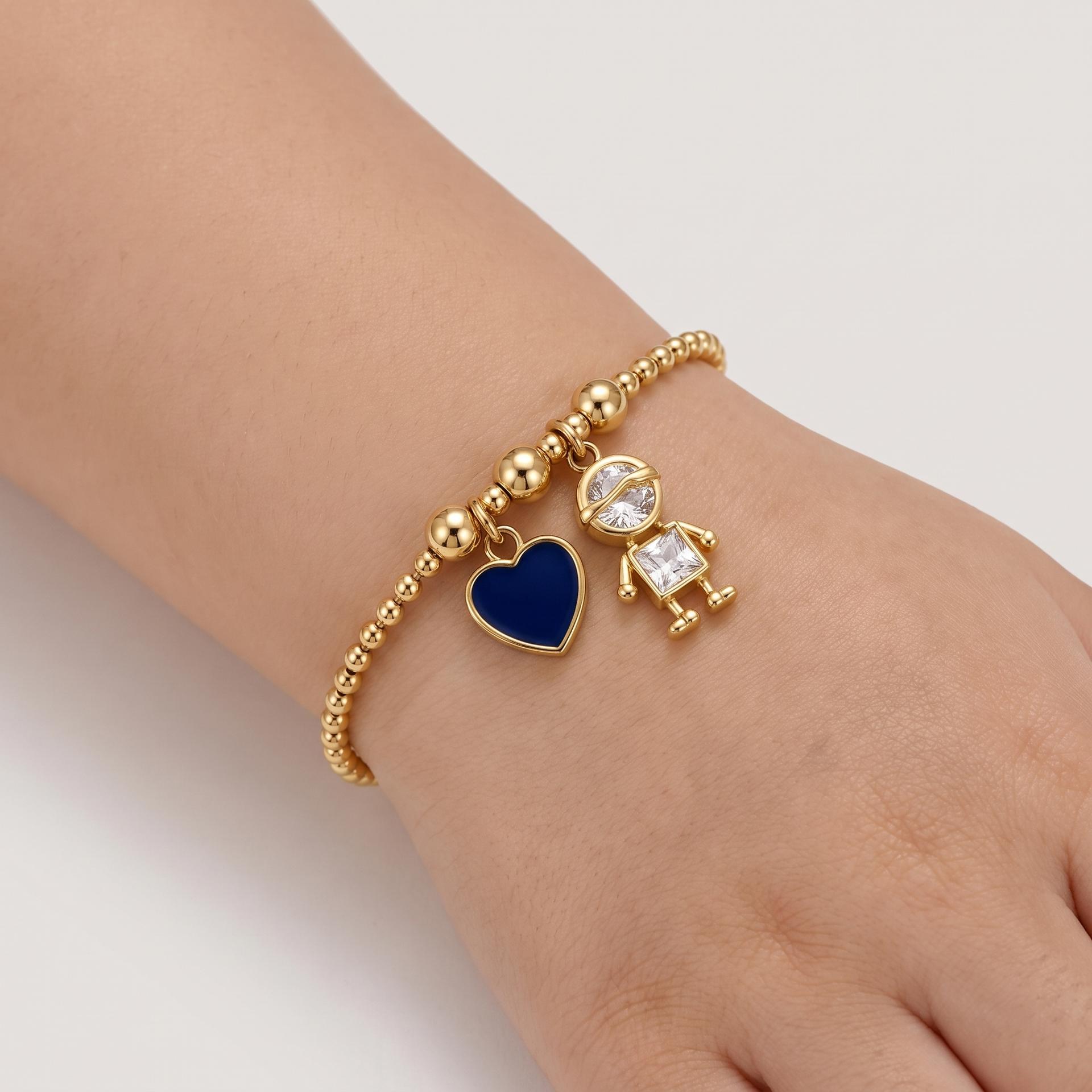 Little Robot & Heart — Bezel Set Robot Boy & Enamel Heart Charm Bracelet 3