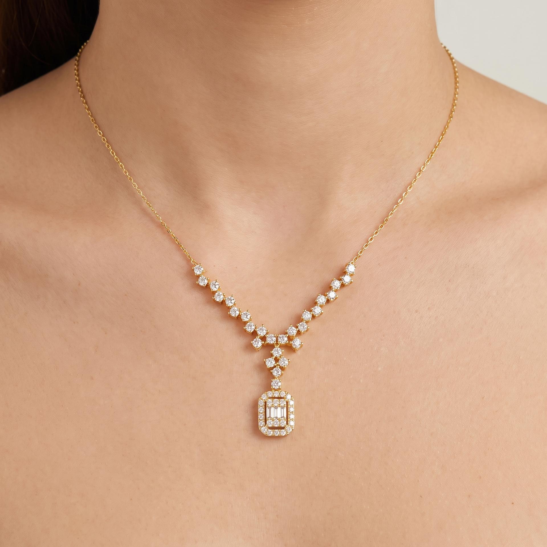 Graduated Diamond Arc & Halo Drop Necklace on model