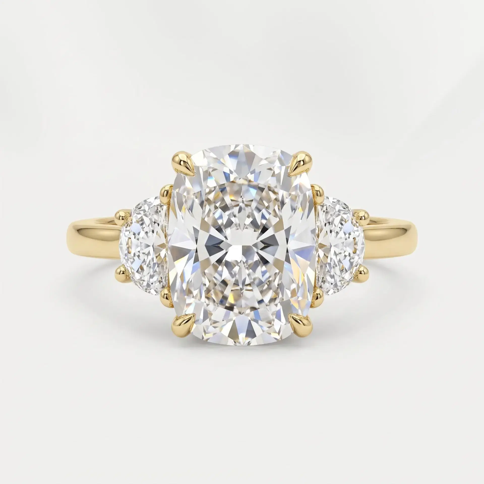 Elongated Cushion & Half Moon Diamond Three Stone Ring
