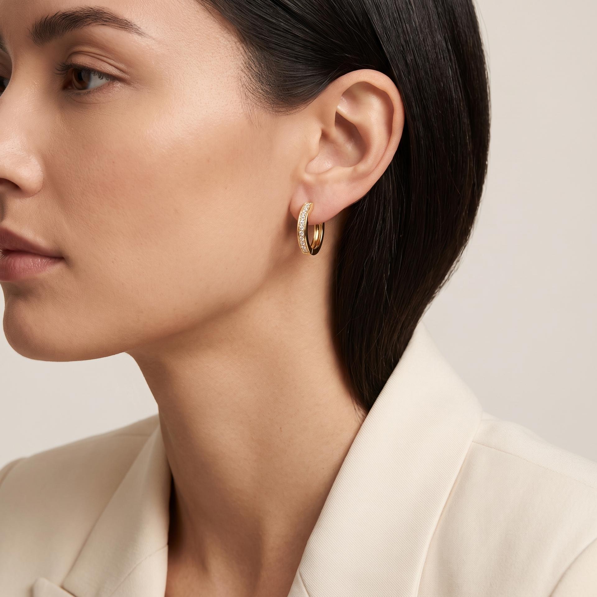 Round Diamond Channel Set Huggie Hoop Earrings on model