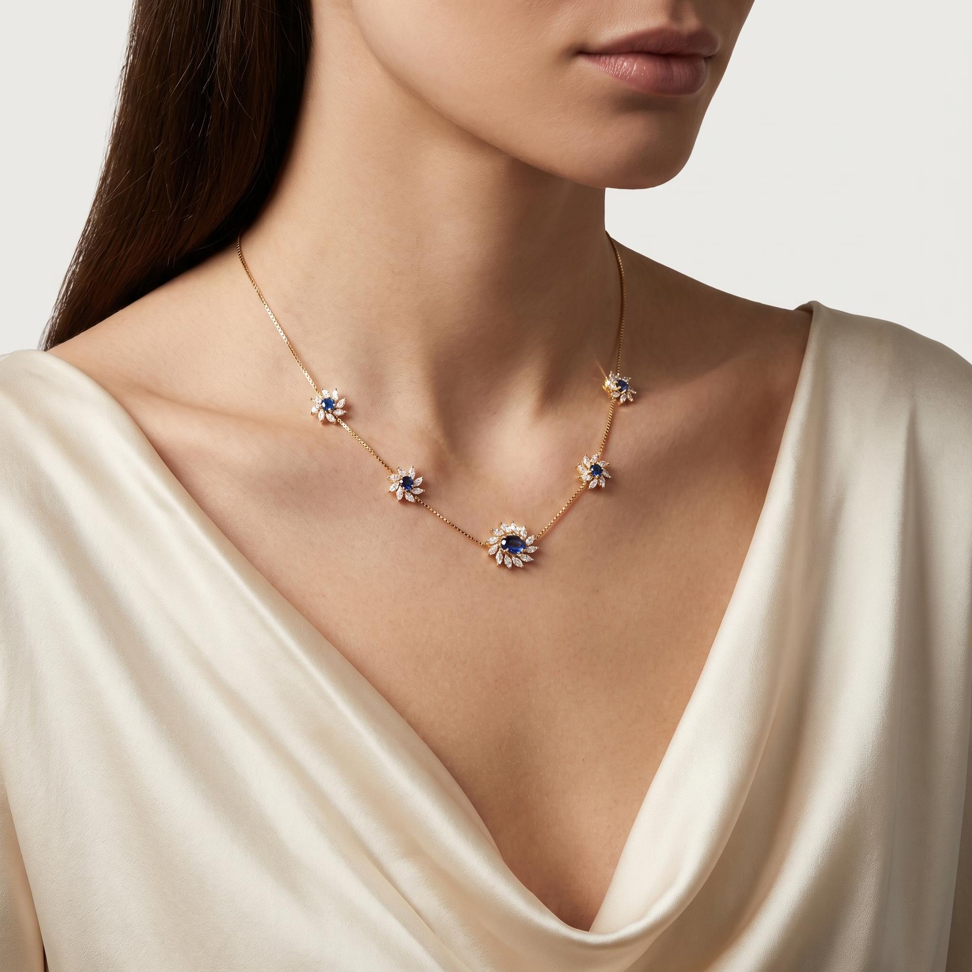 Sapphire & Diamond Floral Station Necklace on model