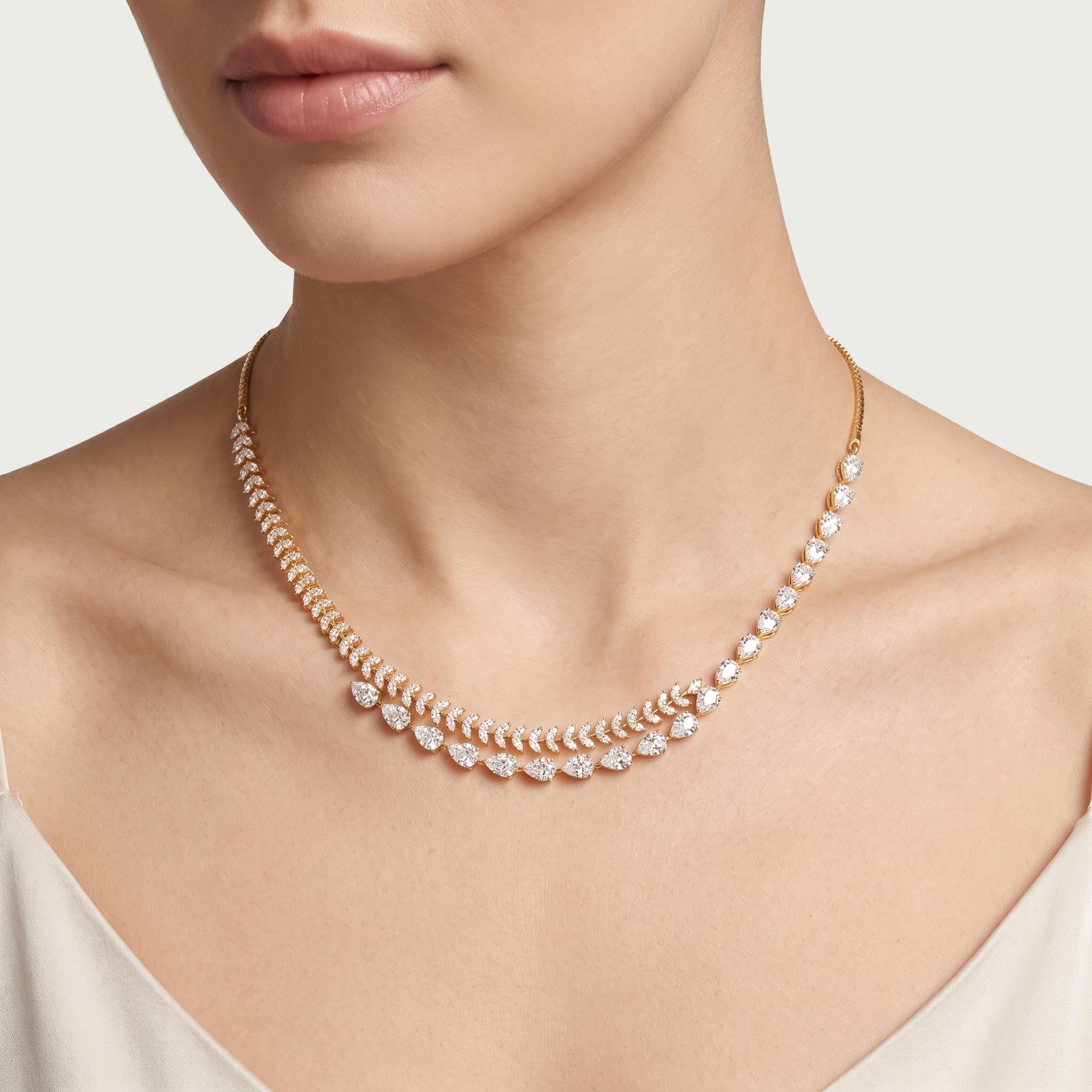 Pear Diamond Graduated Wave Necklace on model