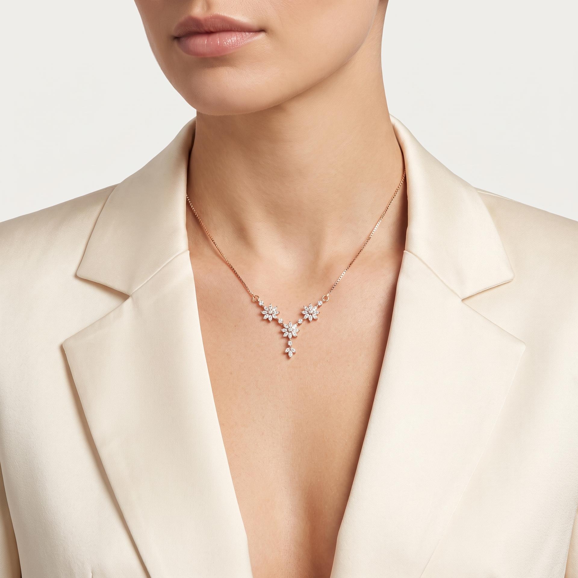 Marquise Diamond Triple Floral Station Necklace on model