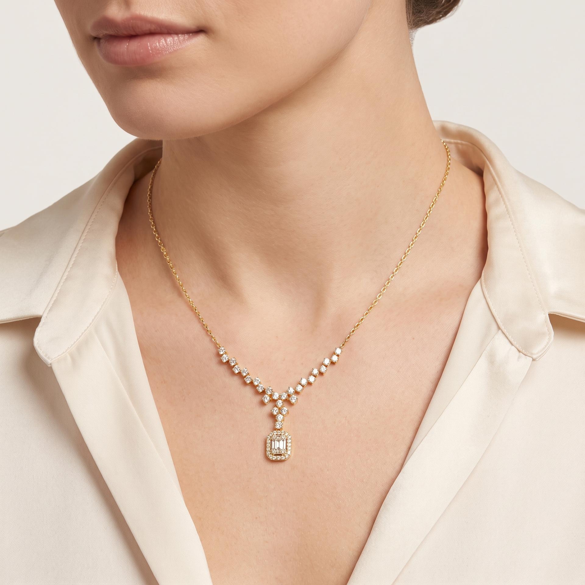 Graduated Diamond Arc & Halo Drop Necklace on model