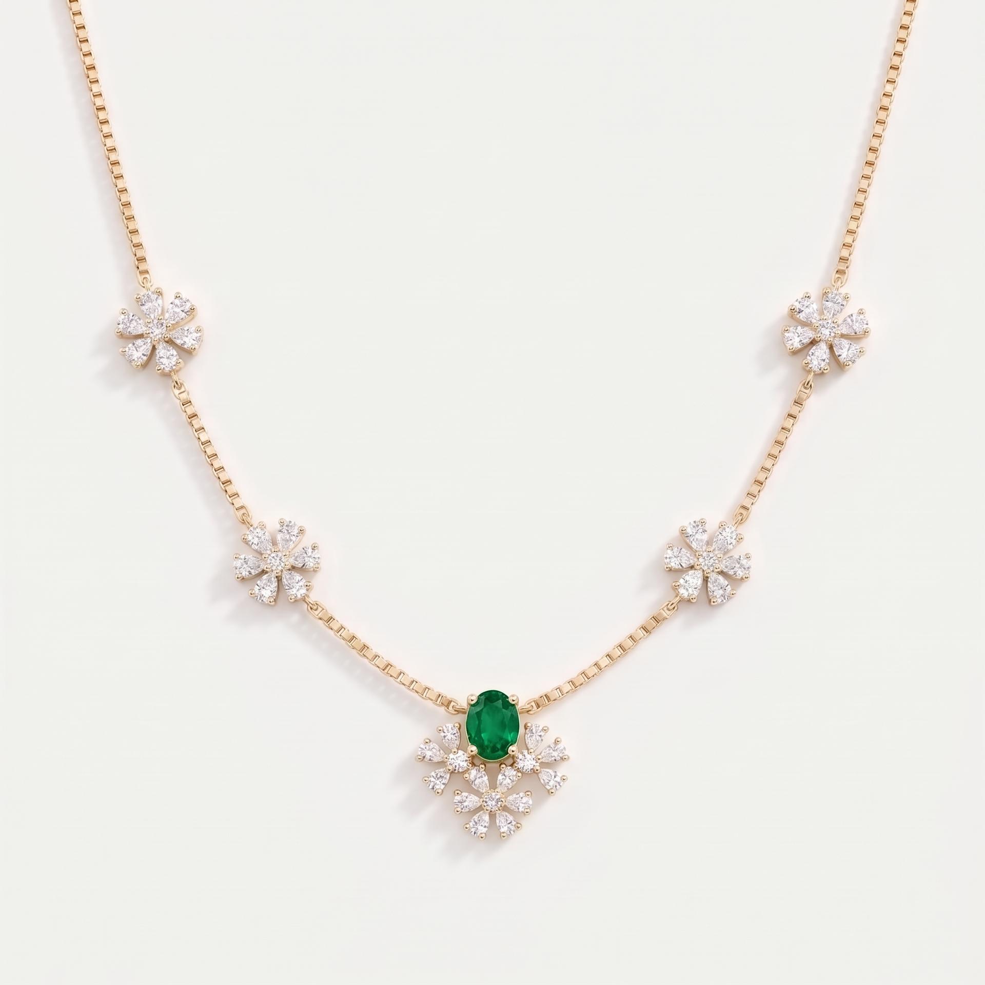 Emerald & Diamond Floral Station Necklace