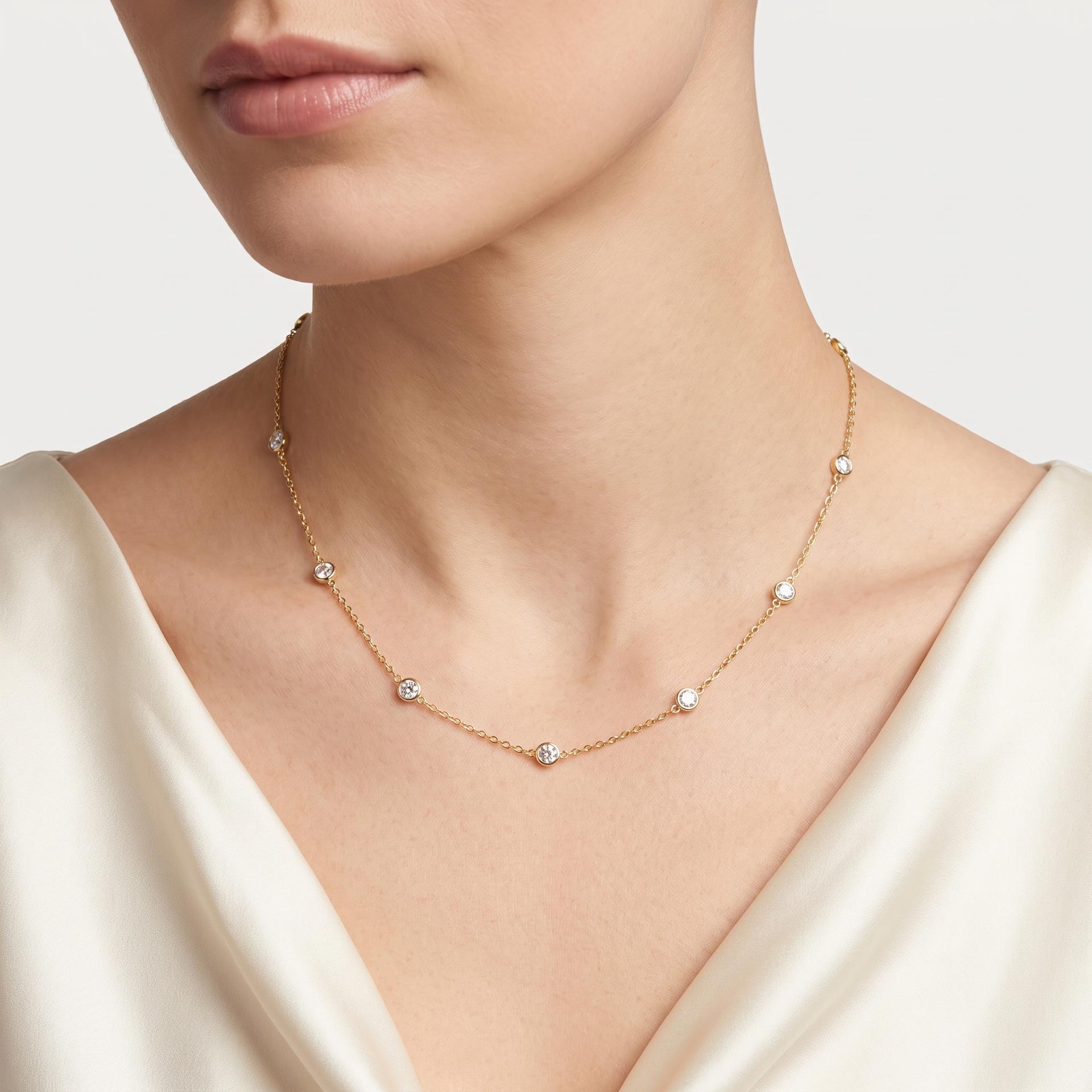 Round Diamond Bezel Station Necklace on model