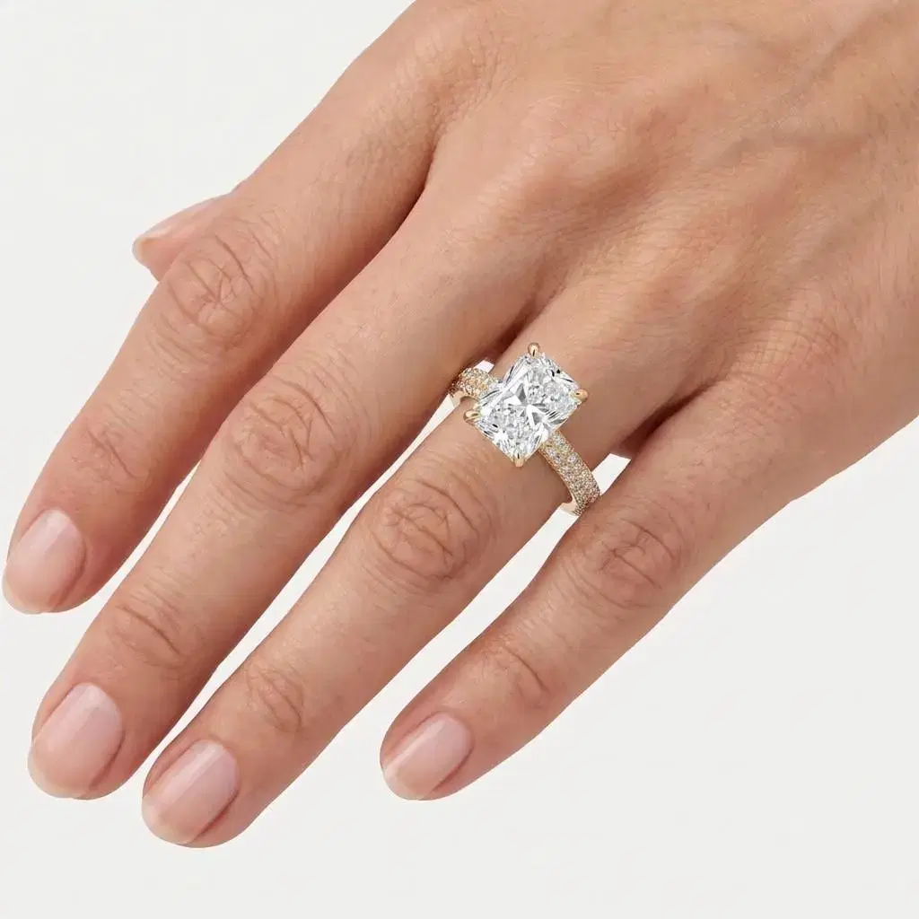 Radiant Cut Diamond Hidden Halo Ring with Double Row Pavé Band on model