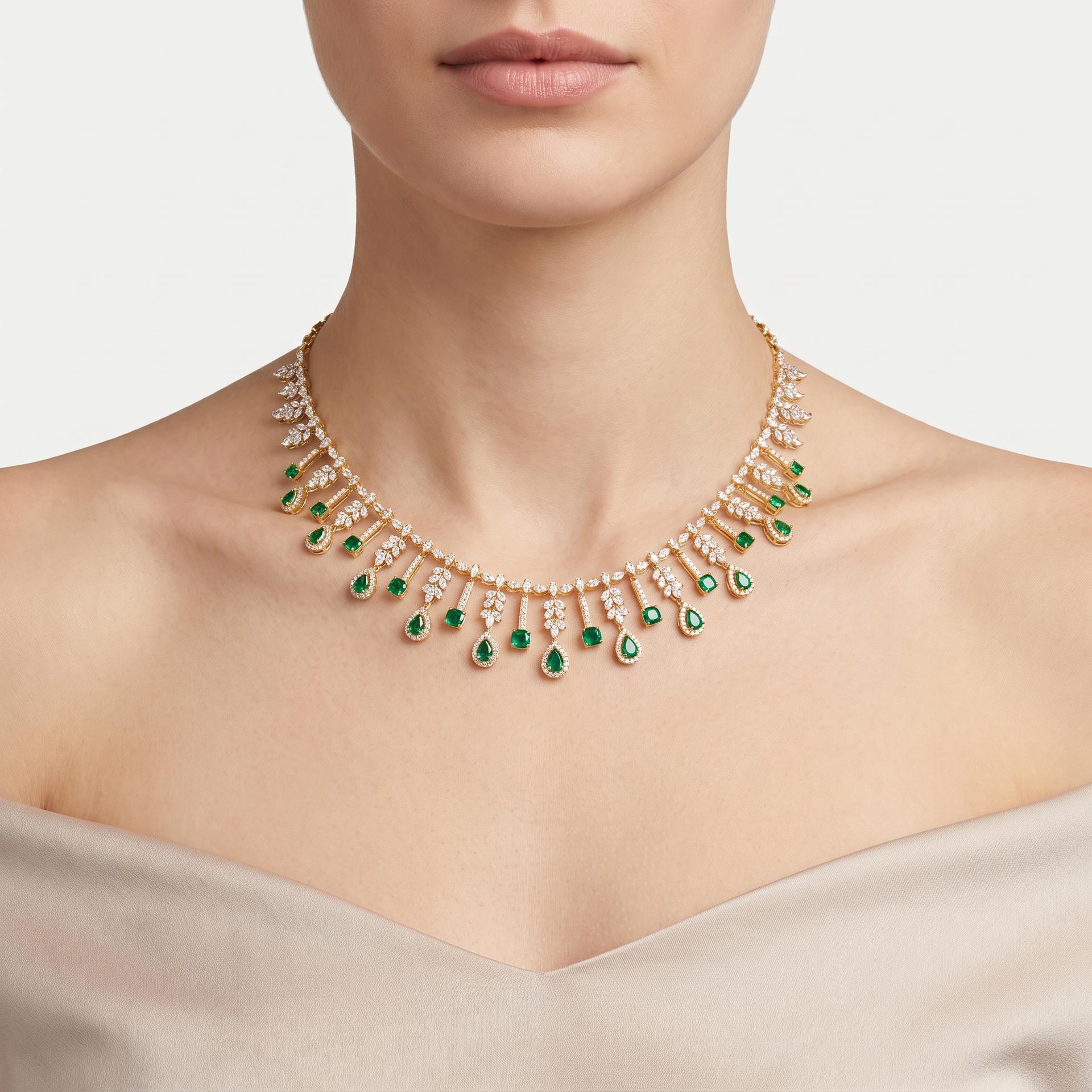 Emerald Pear Drop Diamond Fringe Necklace on model
